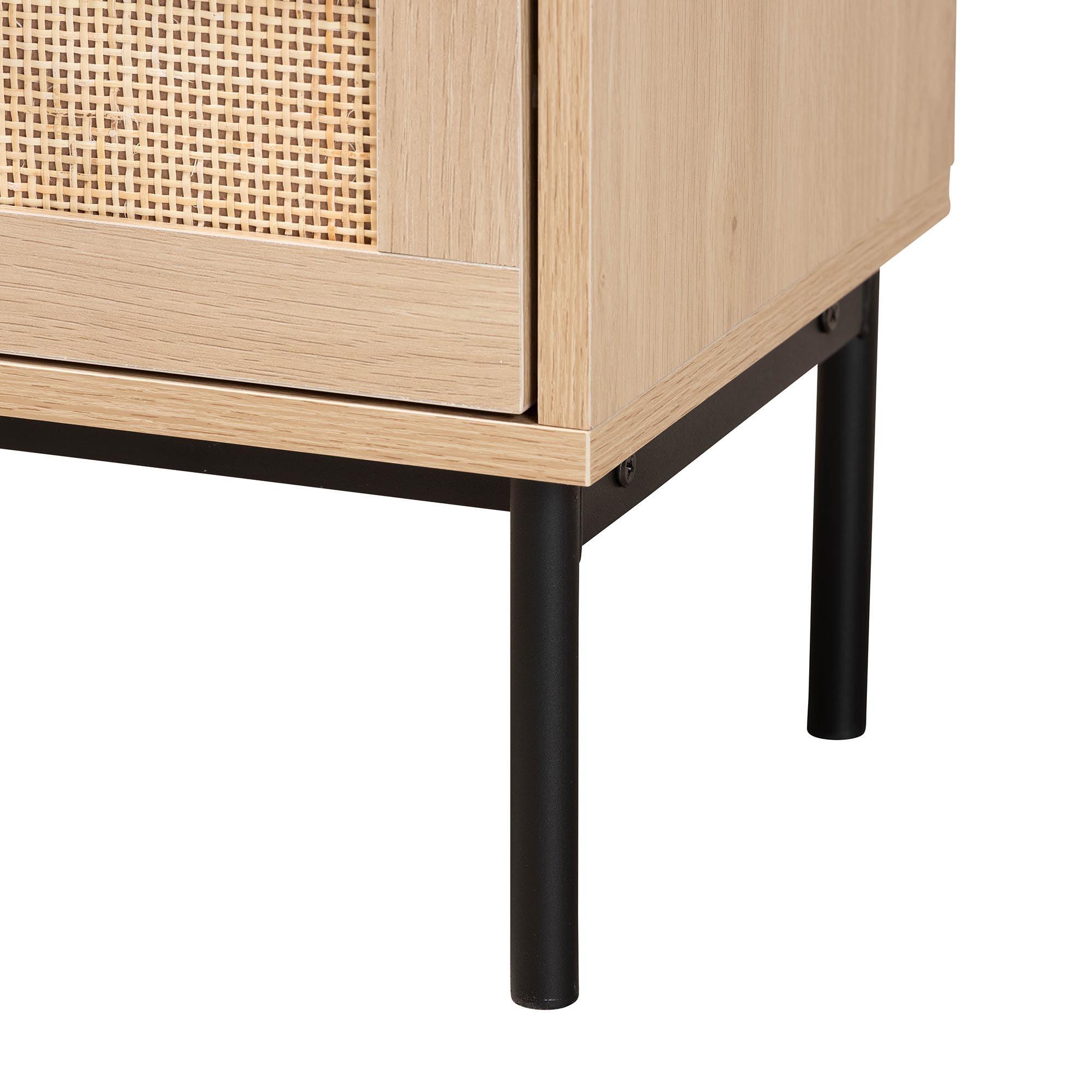 Sherwin Mid-Century Modern Light and 2-Drawer End Table with Woven Rattan Accent