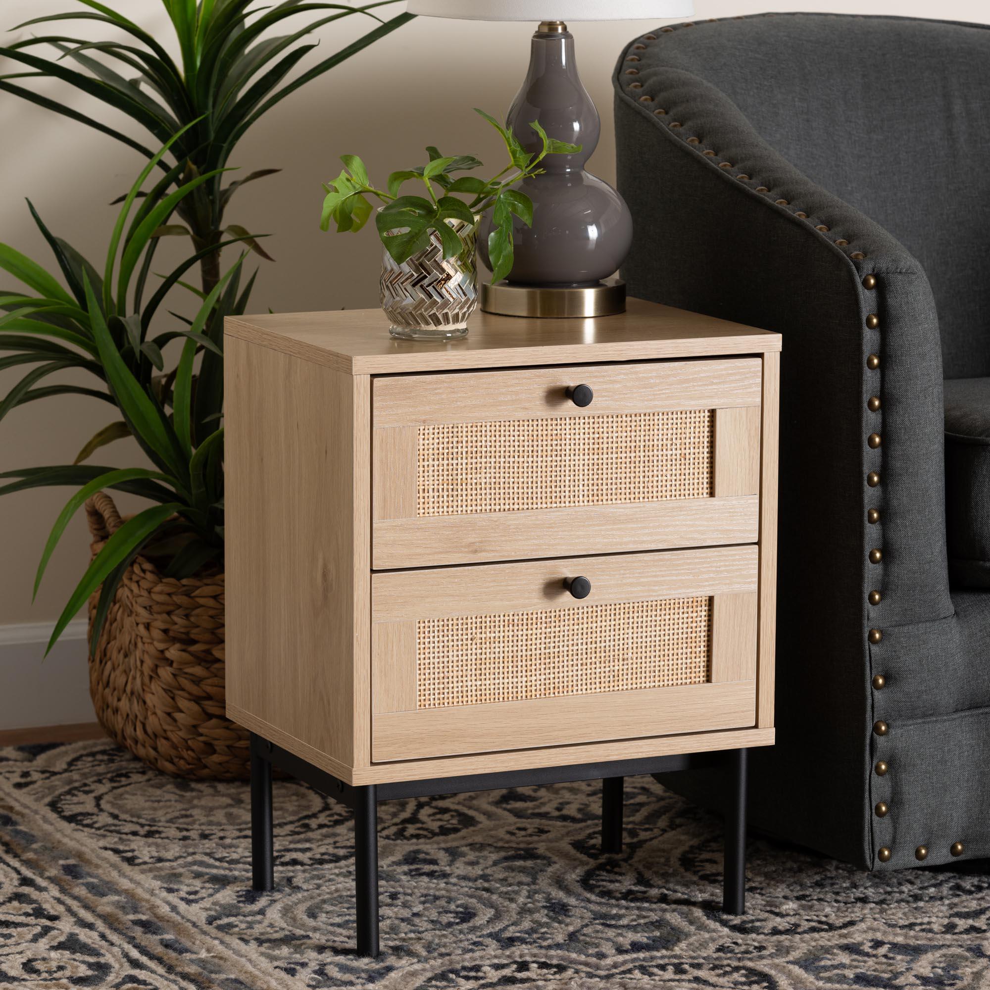 Sherwin Mid-Century Modern Light and 2-Drawer End Table with Woven Rattan Accent