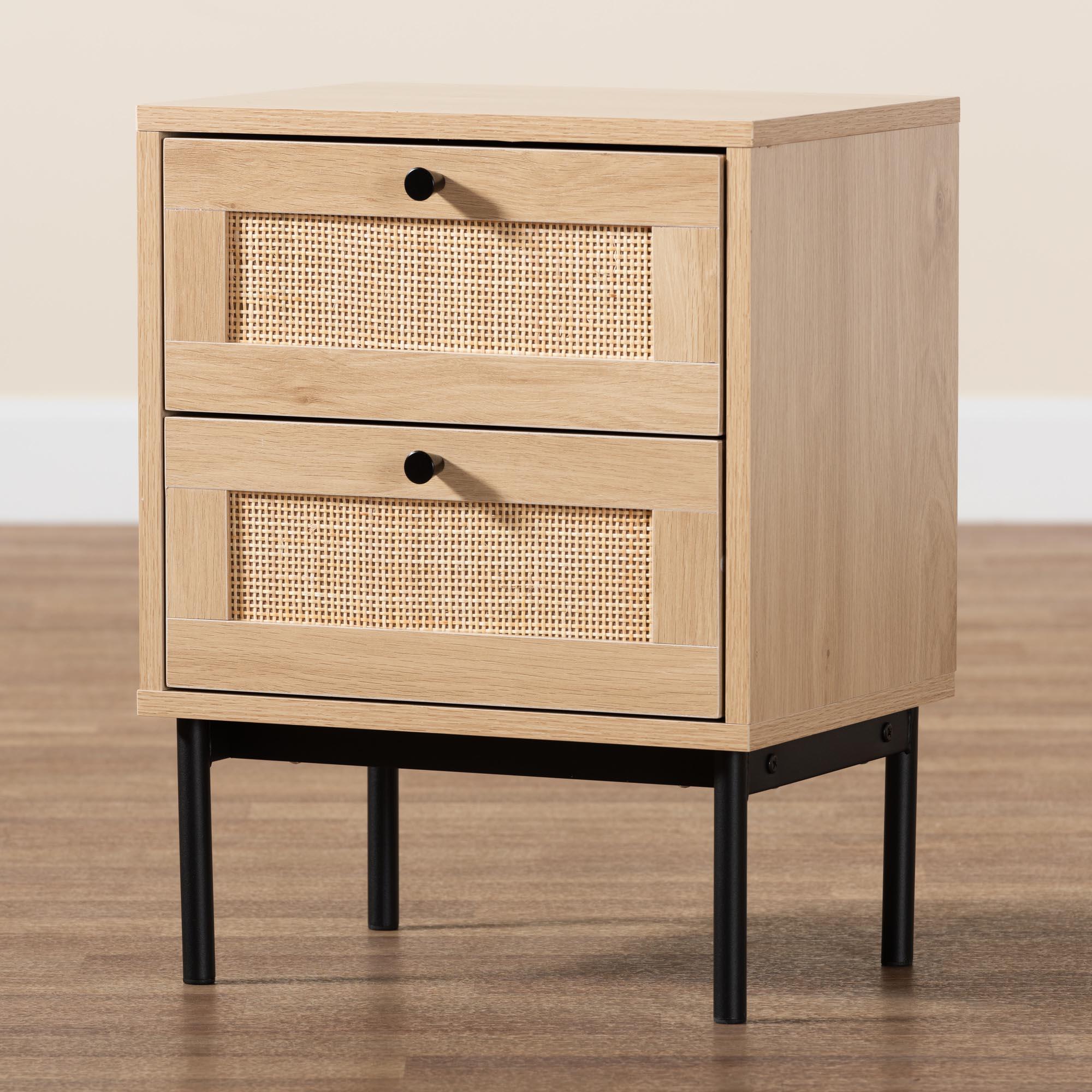 Sherwin Mid-Century Modern Light and 2-Drawer End Table with Woven Rattan Accent