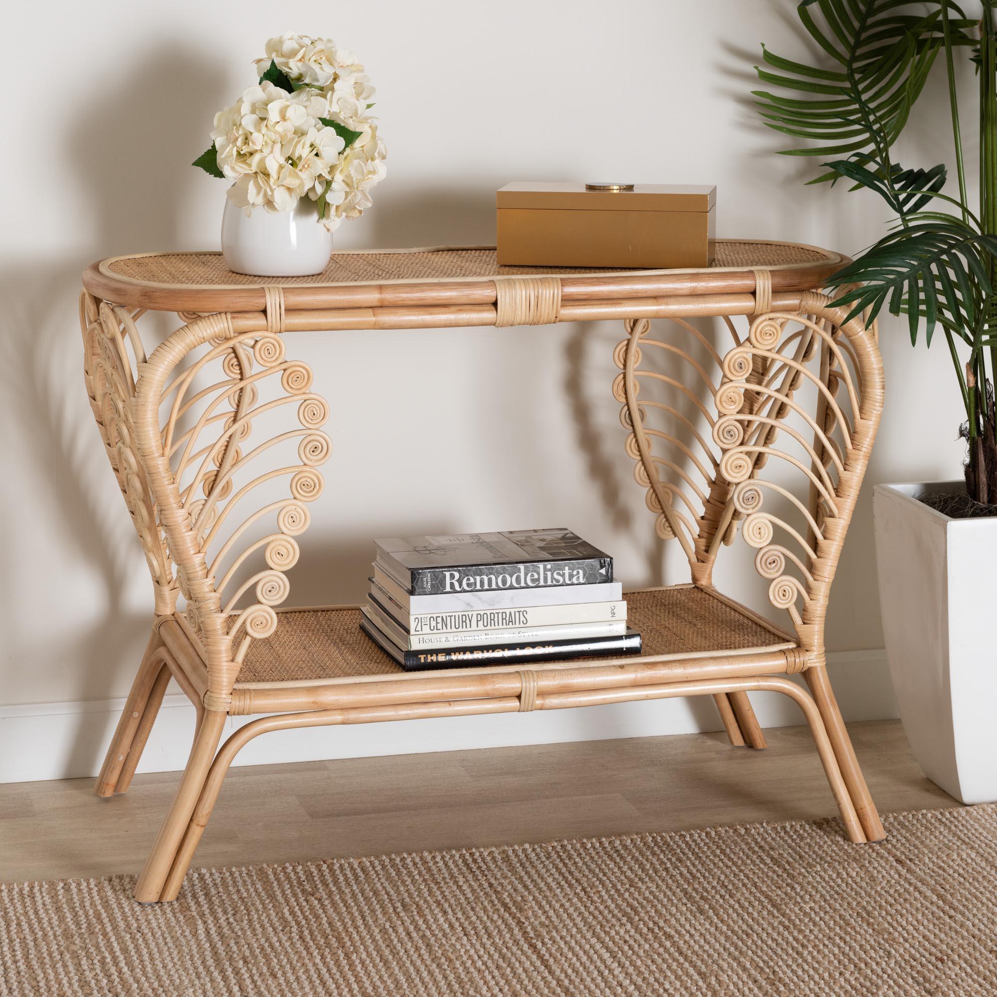 bali & pari Bastet Modern Bohemian Rattan 2-Tier Console Table