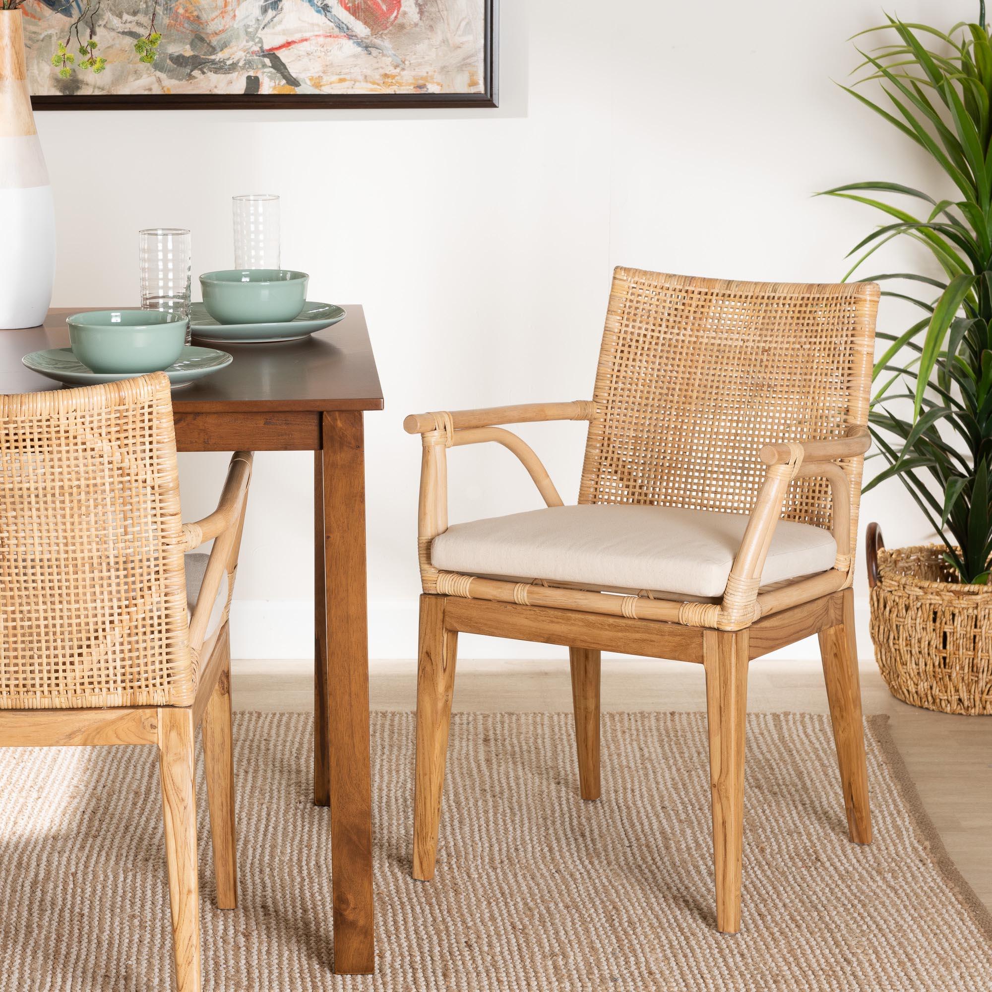 bali & pari Storsel Modern Bohemian Finished Teak Wood and Rattan Dining Chair