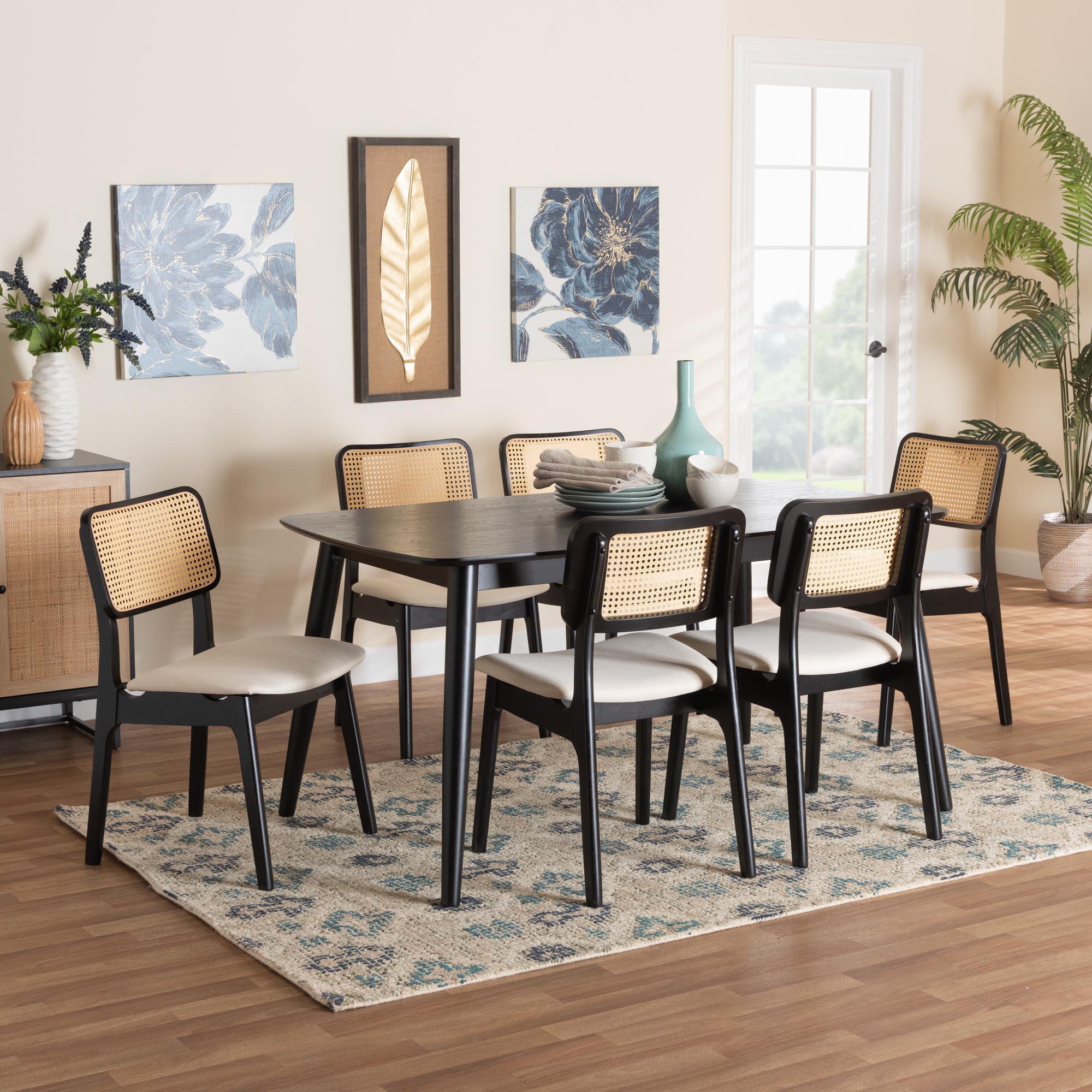 Dannon Mid-Century Modern Cream Fabric and Finished Wood 7-Piece Dining Set