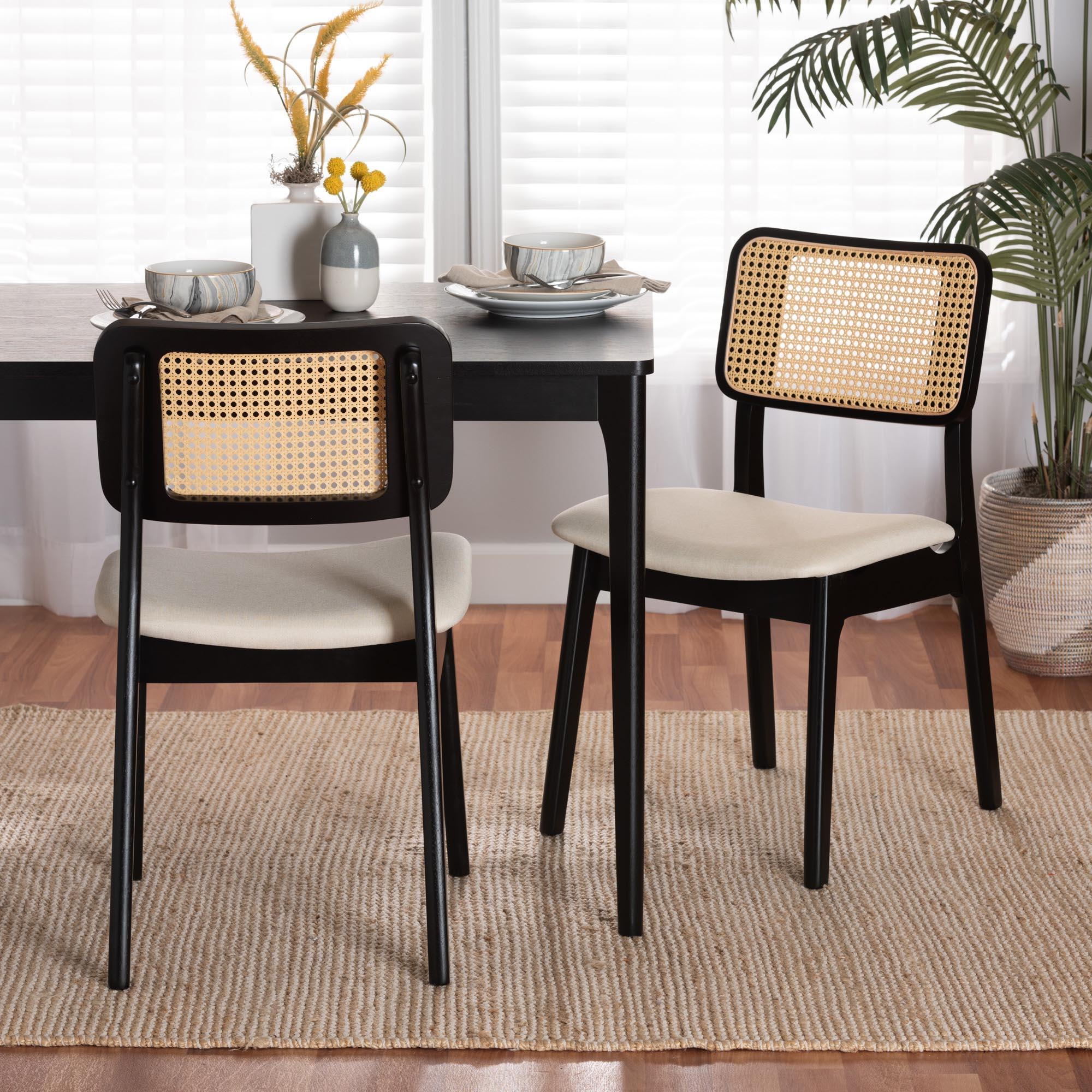 Dannon Mid-Century Modern Cream Fabric and Finished Wood 2-Piece Dining Chair Set