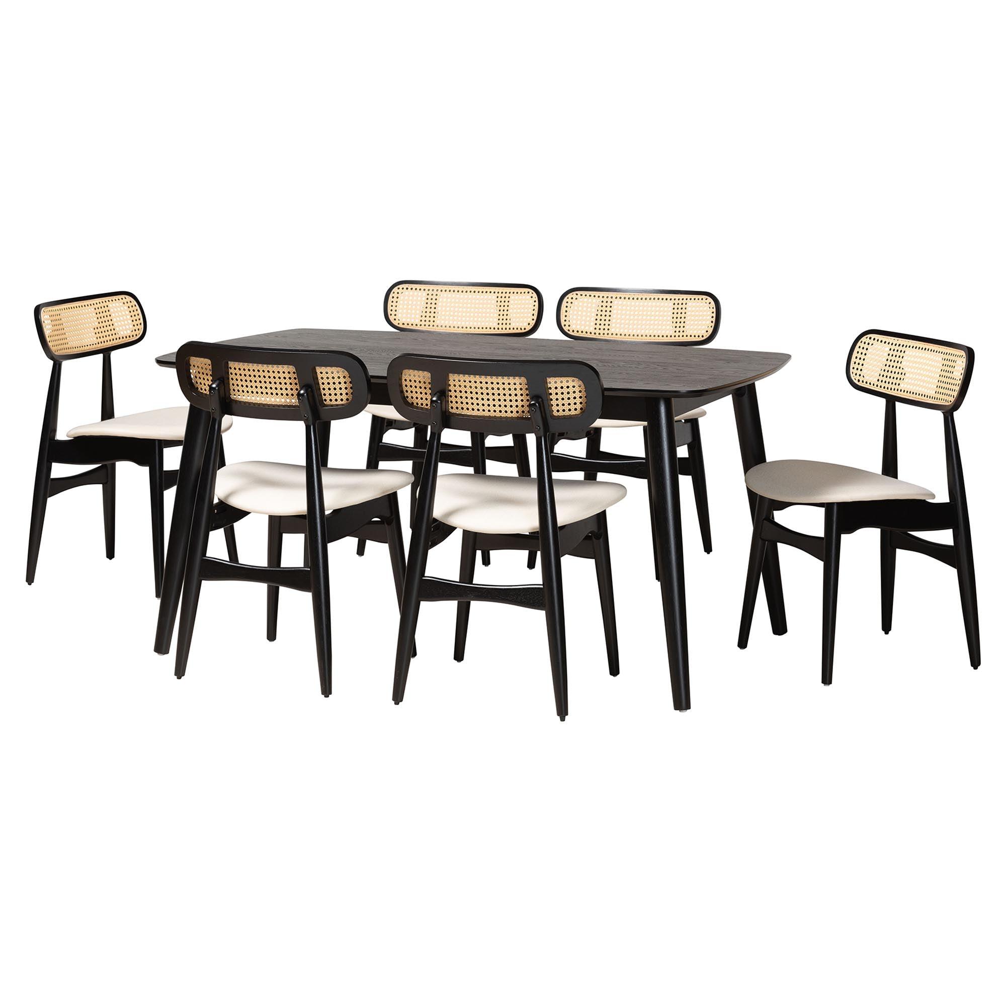 Tarana Mid-Century Modern Cream Fabric and Finished Wood 7-Piece Dining Set