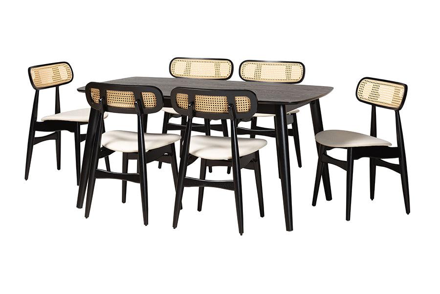 Tarana Mid-Century Modern Cream Fabric and Finished Wood 7-Piece Dining Set