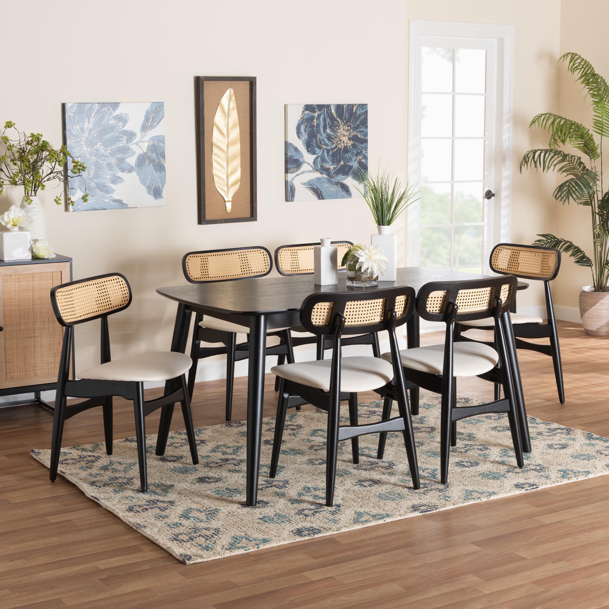 Tarana Mid-Century Modern Cream Fabric and Finished Wood 7-Piece Dining Set