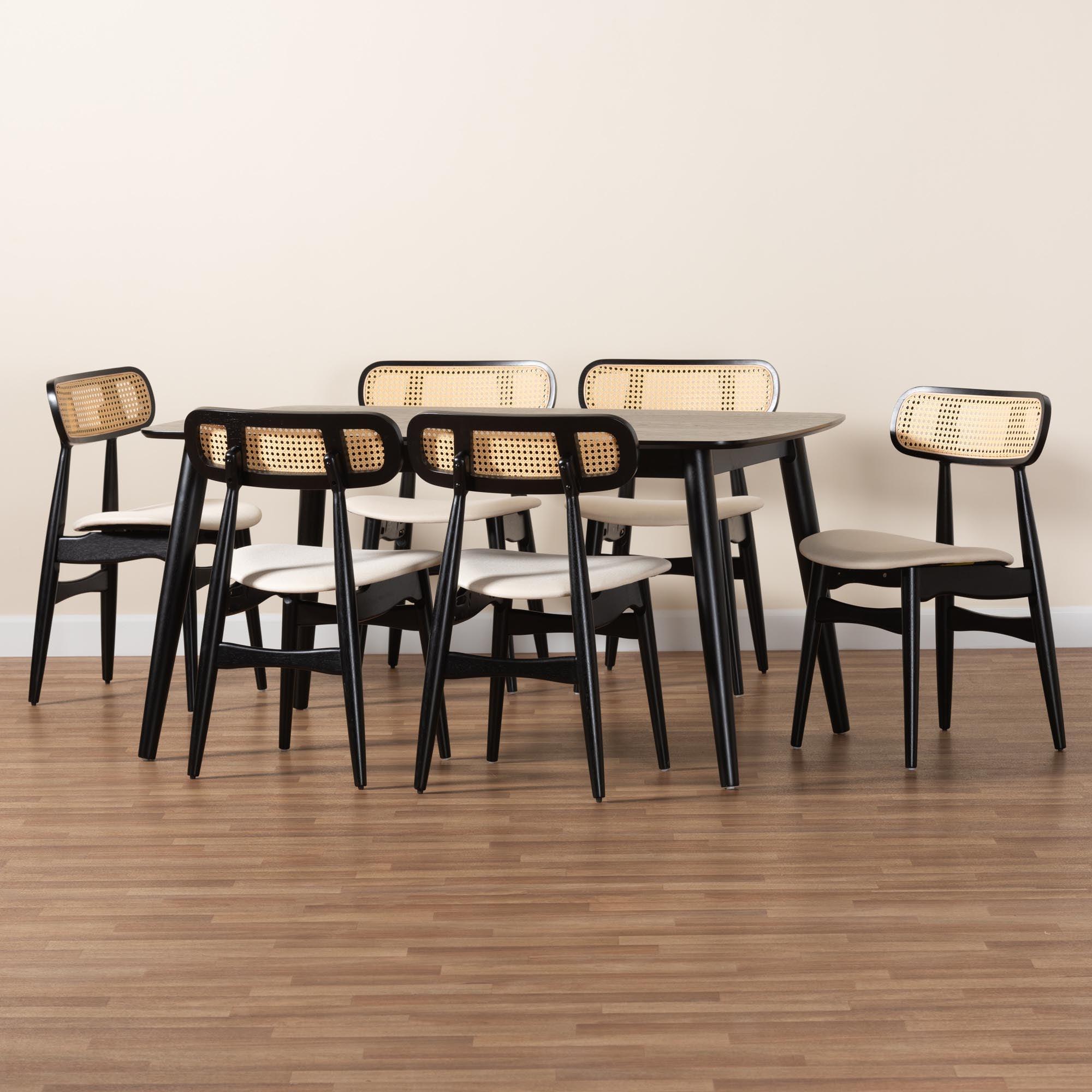 Tarana Mid-Century Modern Cream Fabric and Finished Wood 7-Piece Dining Set