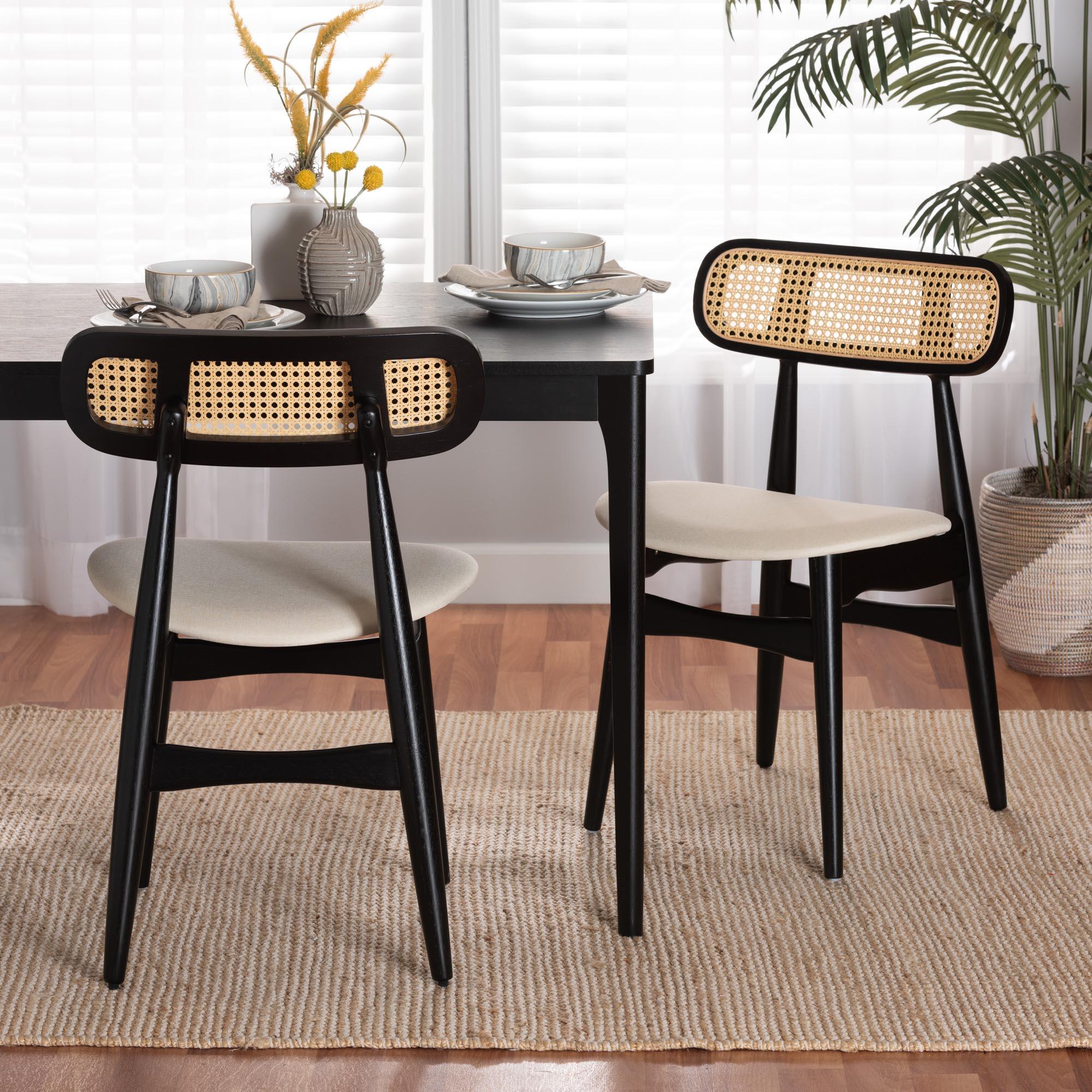 Tarana Mid-Century Modern Cream Fabric and Finished Wood 2-Piece Dining Chair Set