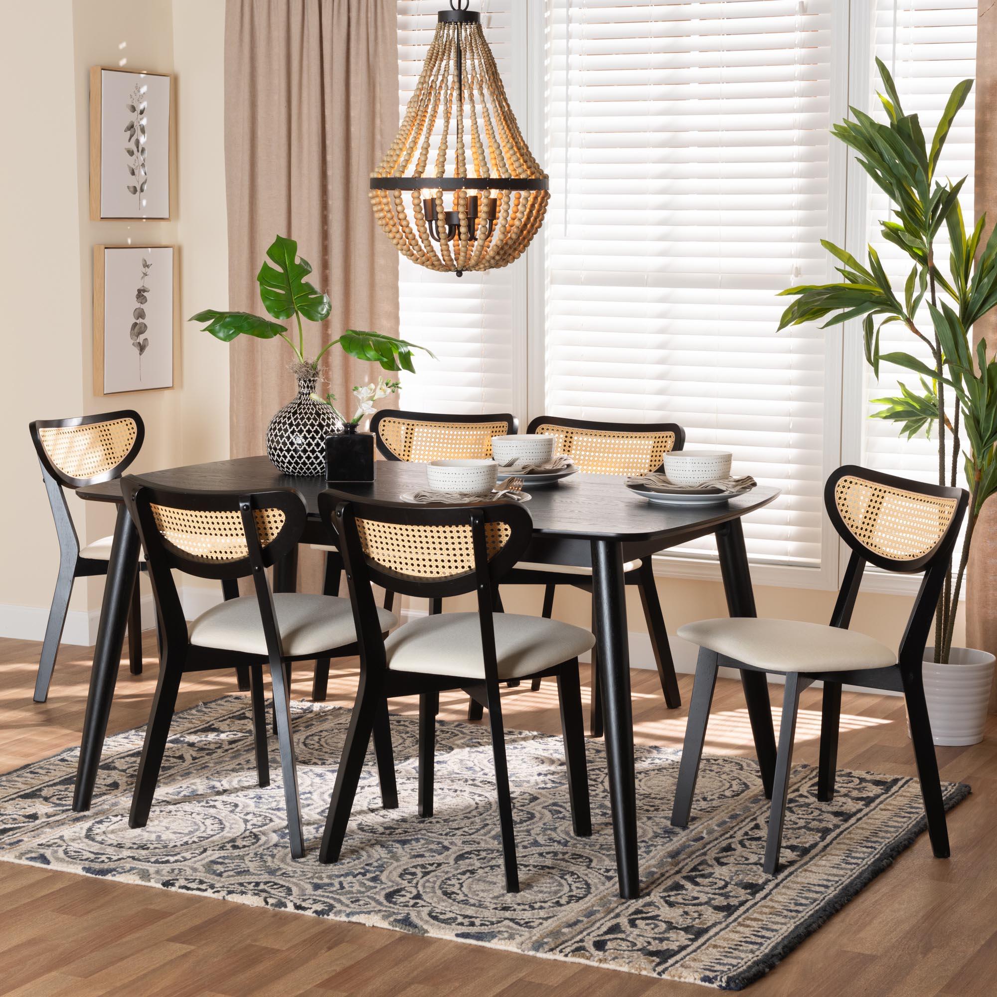 Dannell Mid-Century Modern Cream Fabric and Finished Wood 7-Piece Dining Set