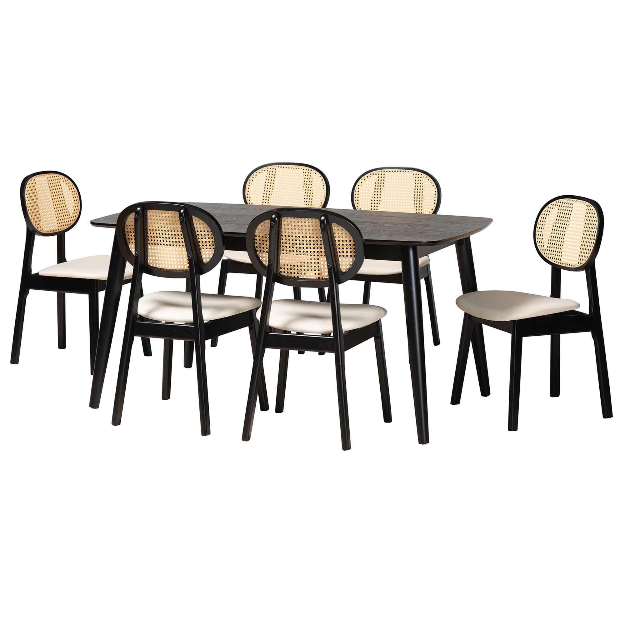 Darrion Mid-Century Modern Cream Fabric and Finished Wood 7-Piece Dining Set