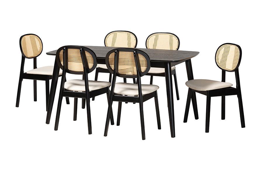 Darrion Mid-Century Modern Cream Fabric and Finished Wood 7-Piece Dining Set