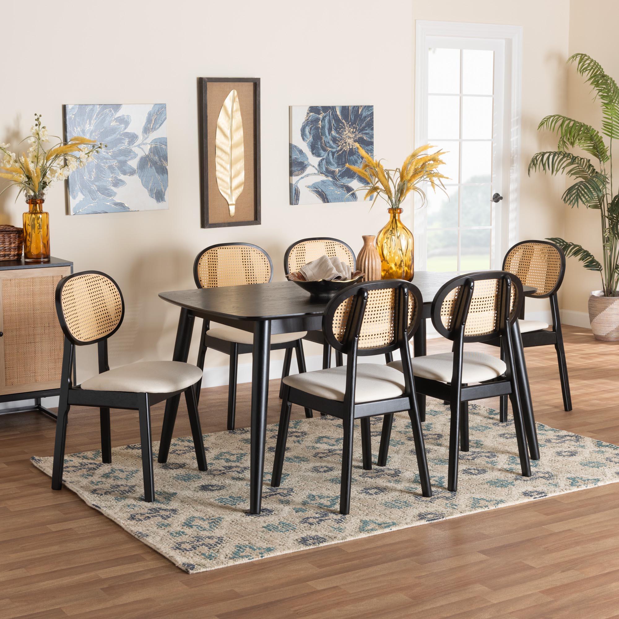 Darrion Mid-Century Modern Cream Fabric and Finished Wood 7-Piece Dining Set