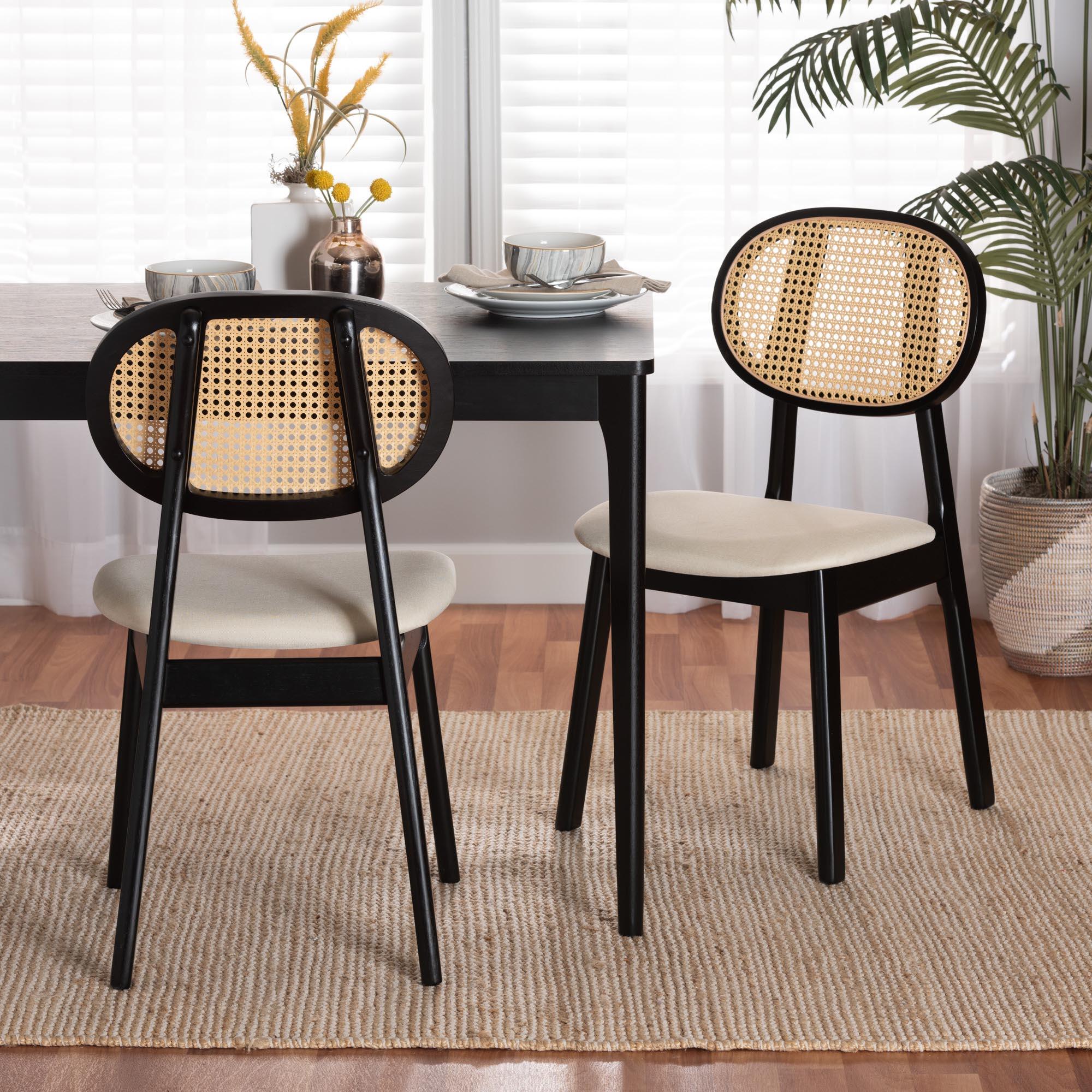 Darrion Mid-Century Modern Cream Fabric and Finished Wood 2-Piece Dining Chair Set