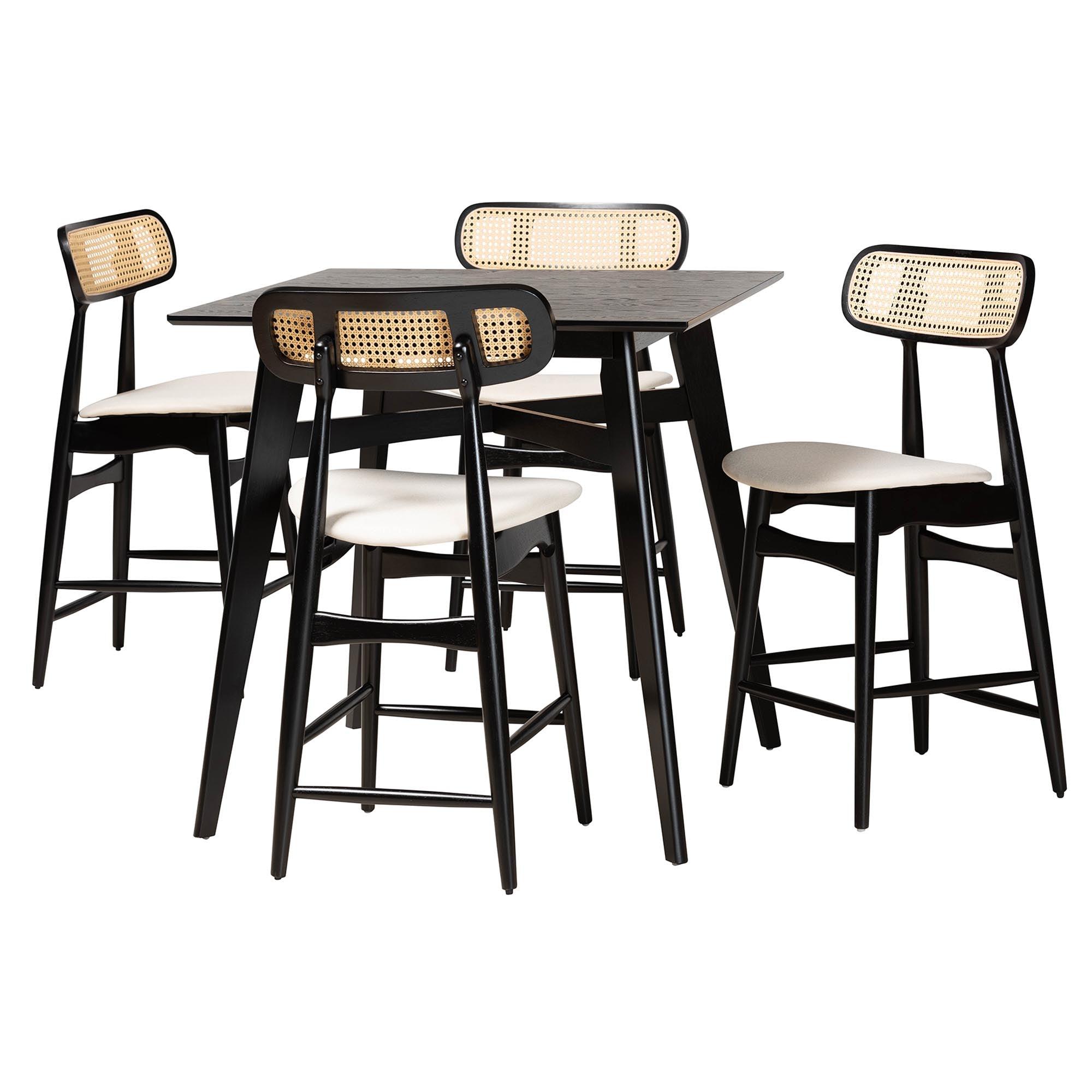 Tarana Mid-Century Modern Cream Fabric and Finished Wood 5-Piece Pub Set