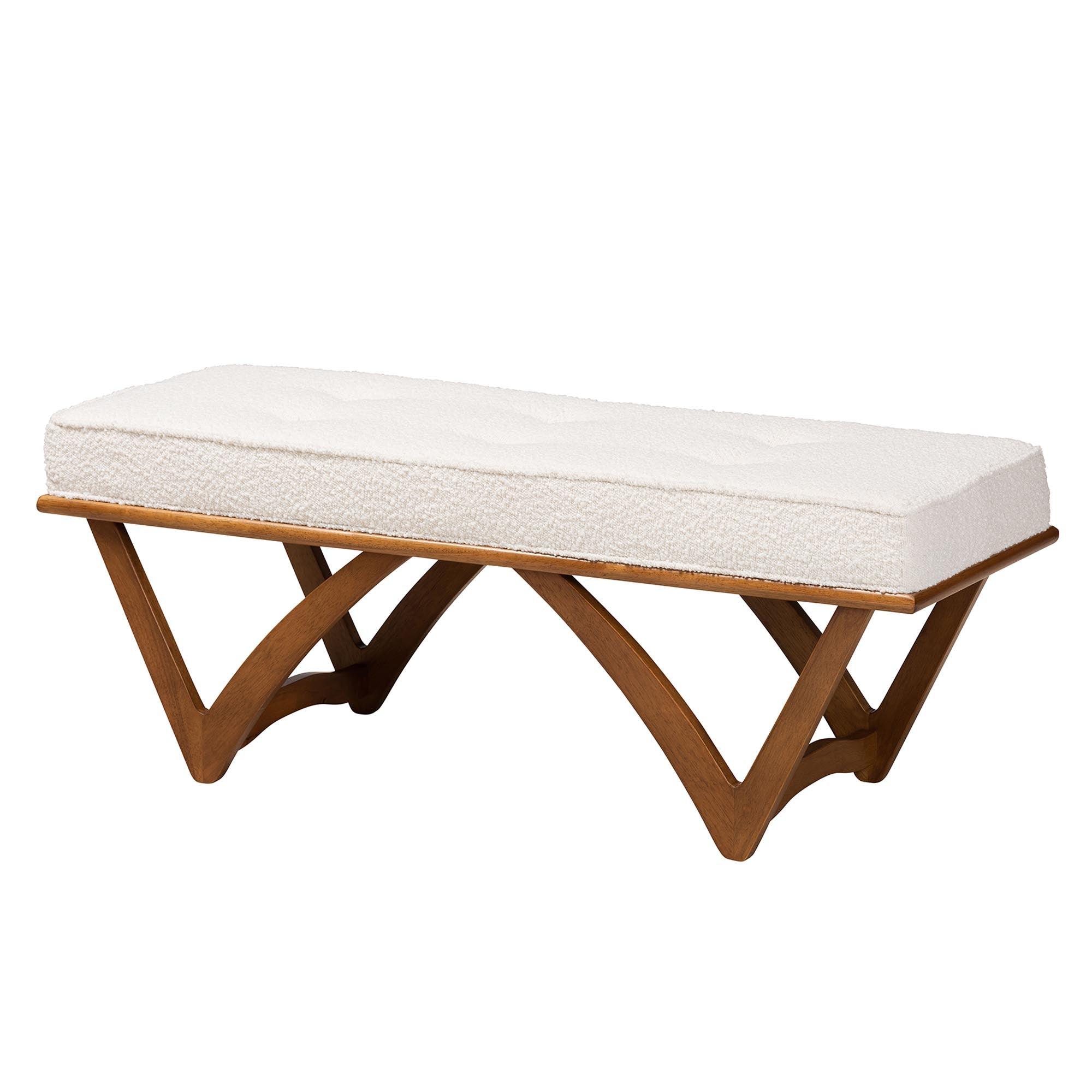 Chenoa Japandi Cream Boucle Fabric and Finished Wood Bench