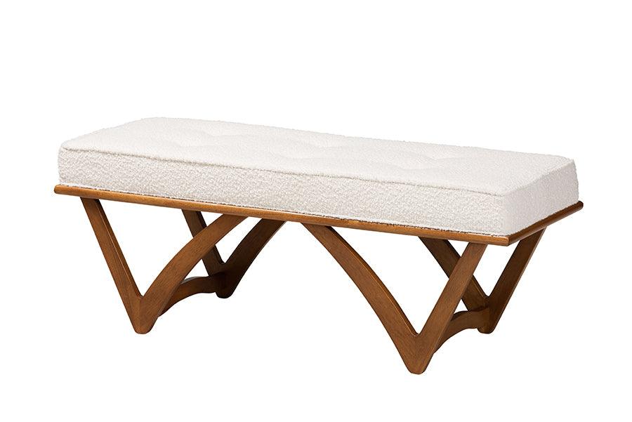 Chenoa Japandi Cream Boucle Fabric and Finished Wood Bench