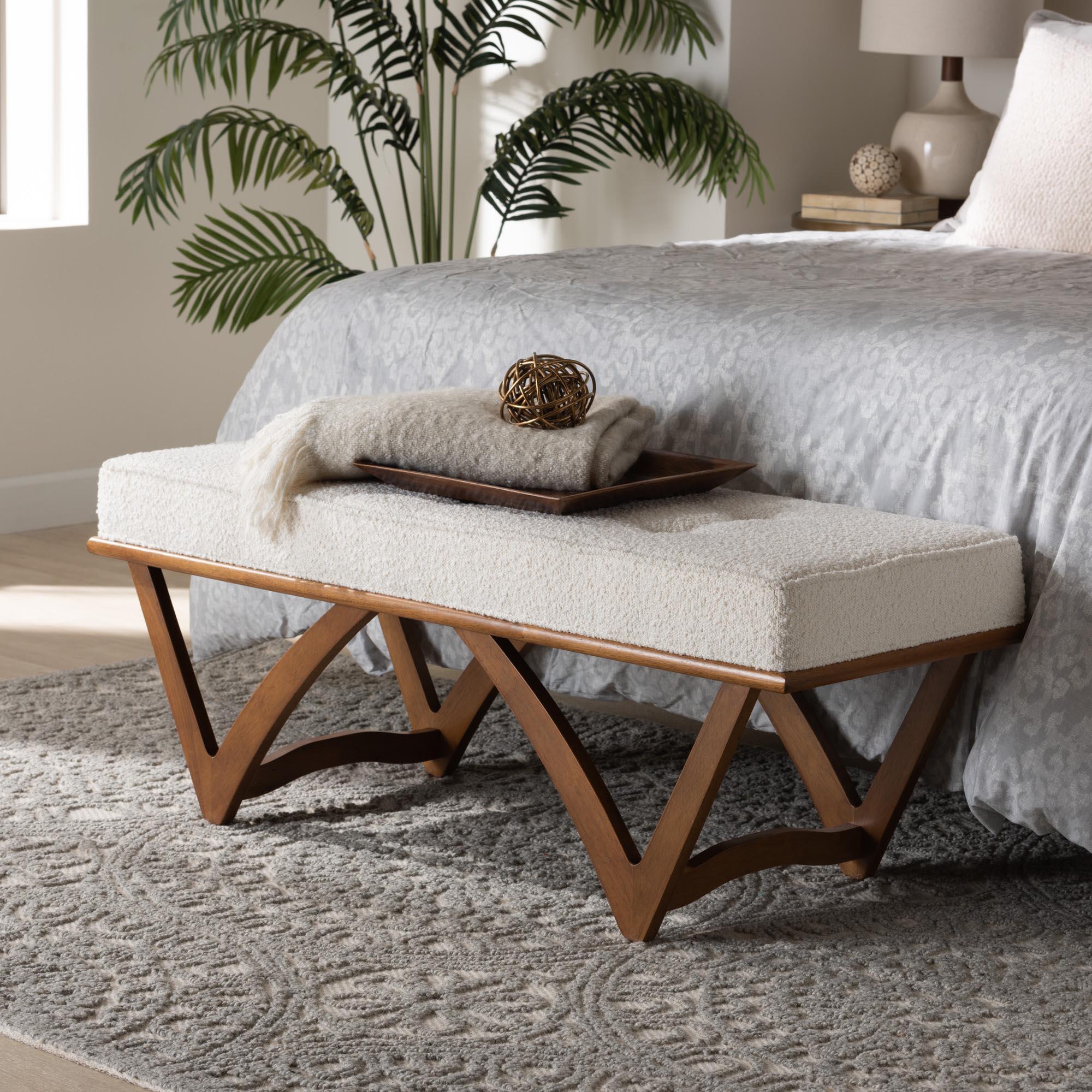 Chenoa Japandi Cream Boucle Fabric and Finished Wood Bench