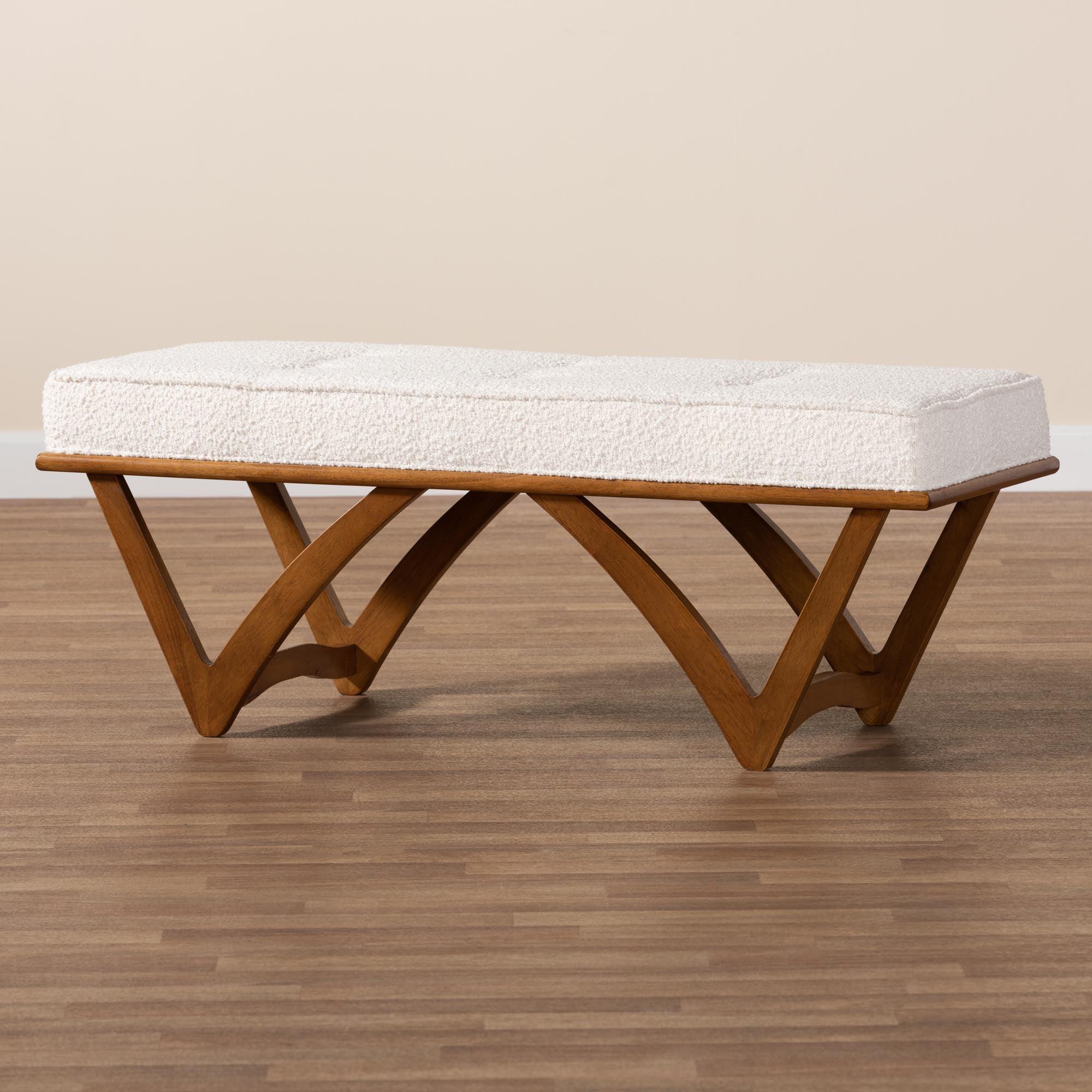 Chenoa Japandi Cream Boucle Fabric and Finished Wood Bench