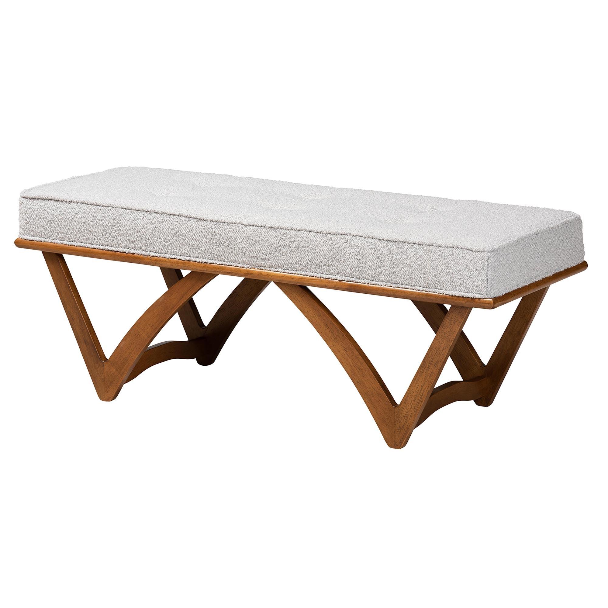 Chenoa Japandi Light Boucle Fabric and Finished Wood Bench