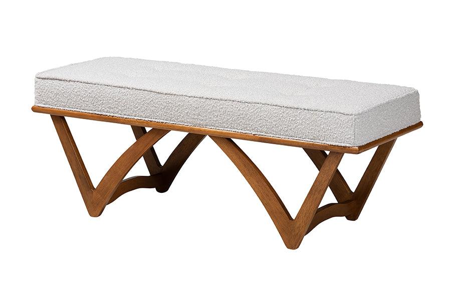 Chenoa Japandi Light Boucle Fabric and Finished Wood Bench