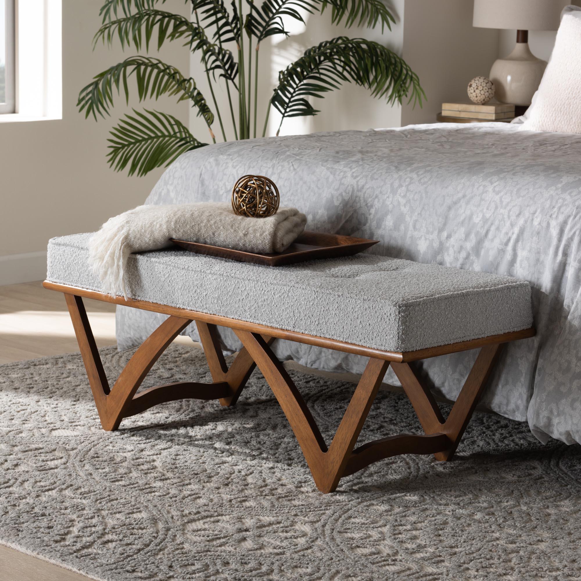 Chenoa Japandi Light Boucle Fabric and Finished Wood Bench