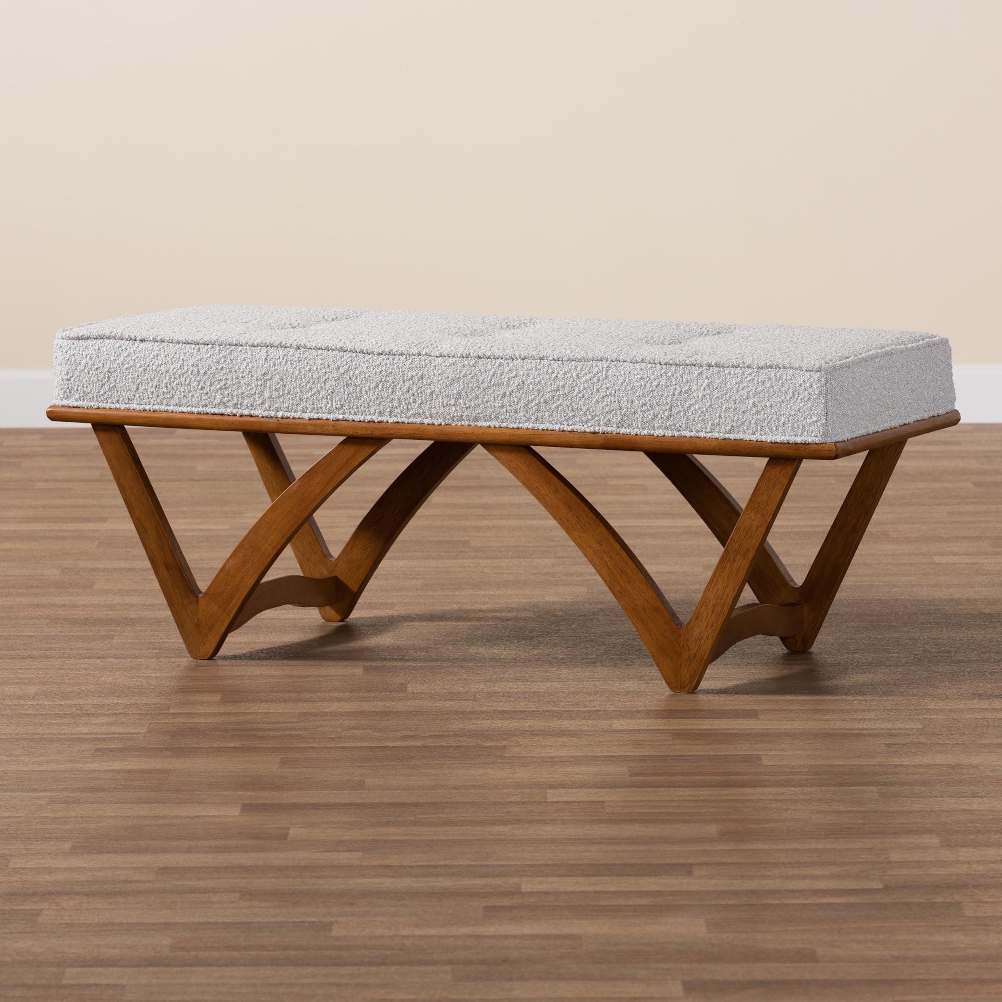 Chenoa Japandi Light Boucle Fabric and Finished Wood Bench