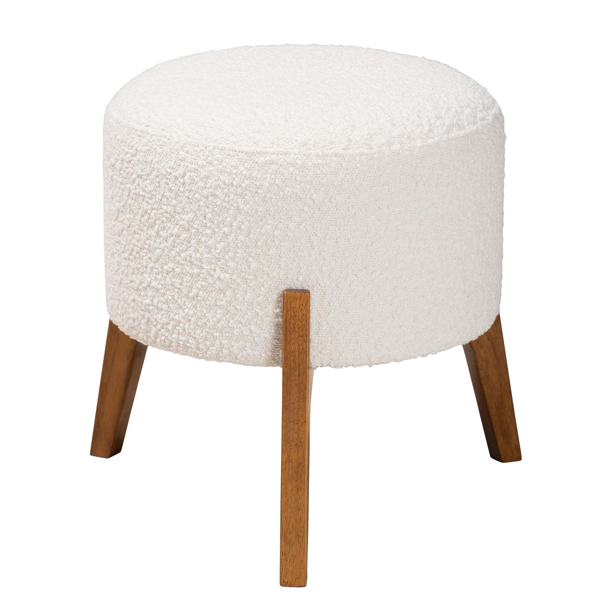 Elkie Japandi Cream Boucle Fabric and Finished Wood Ottoman Footstool