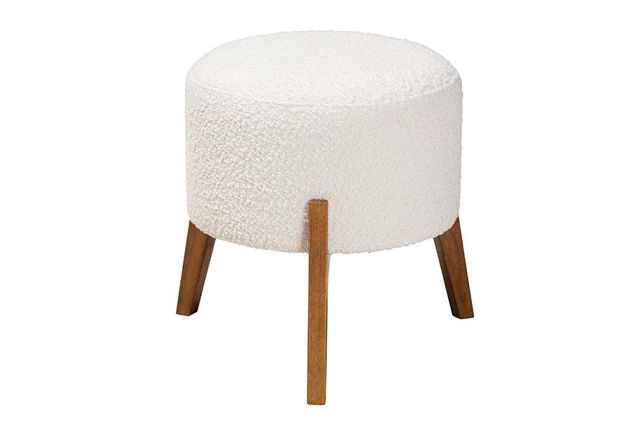 Elkie Japandi Cream Boucle Fabric and Finished Wood Ottoman Footstool