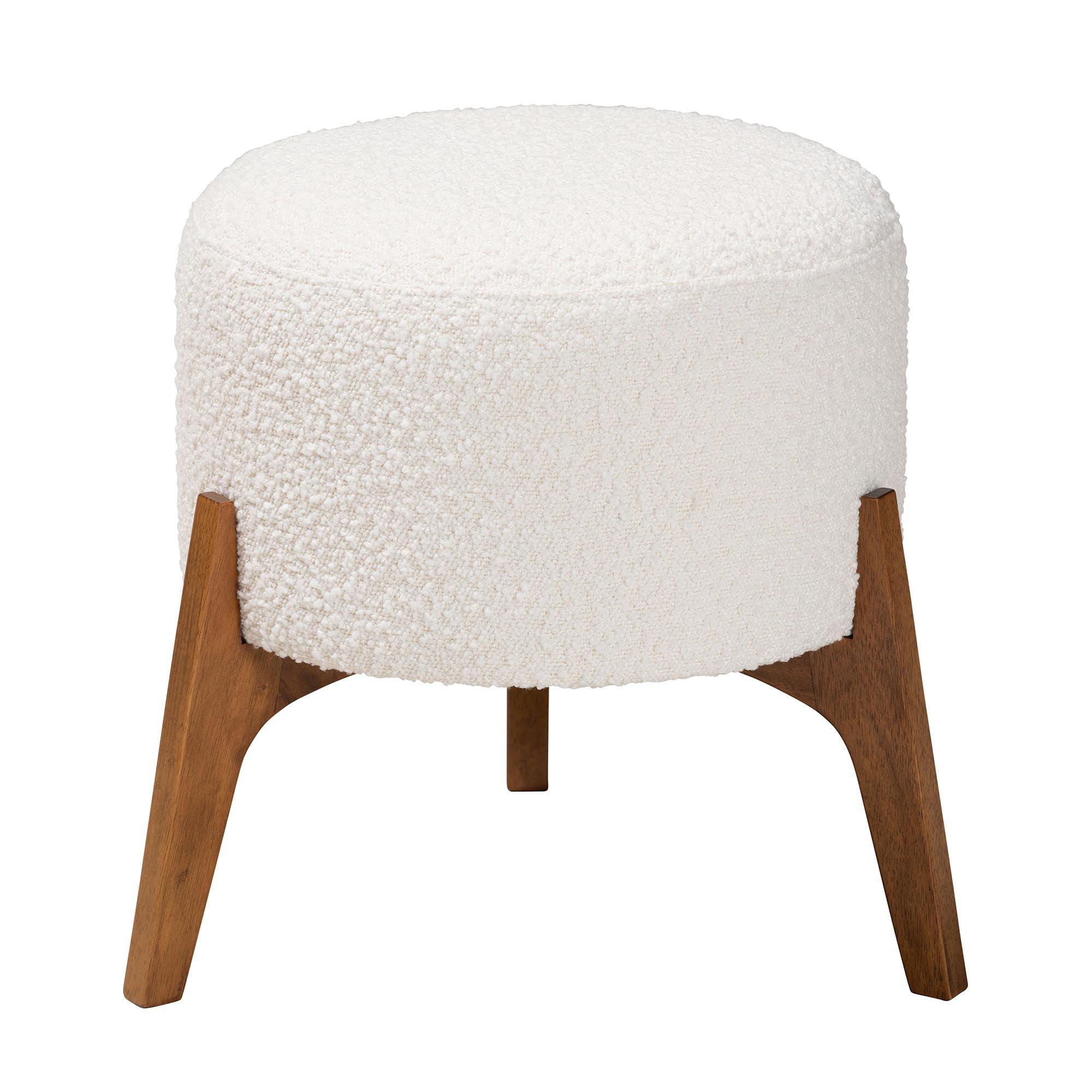 Elkie Japandi Cream Boucle Fabric and Finished Wood Ottoman Footstool