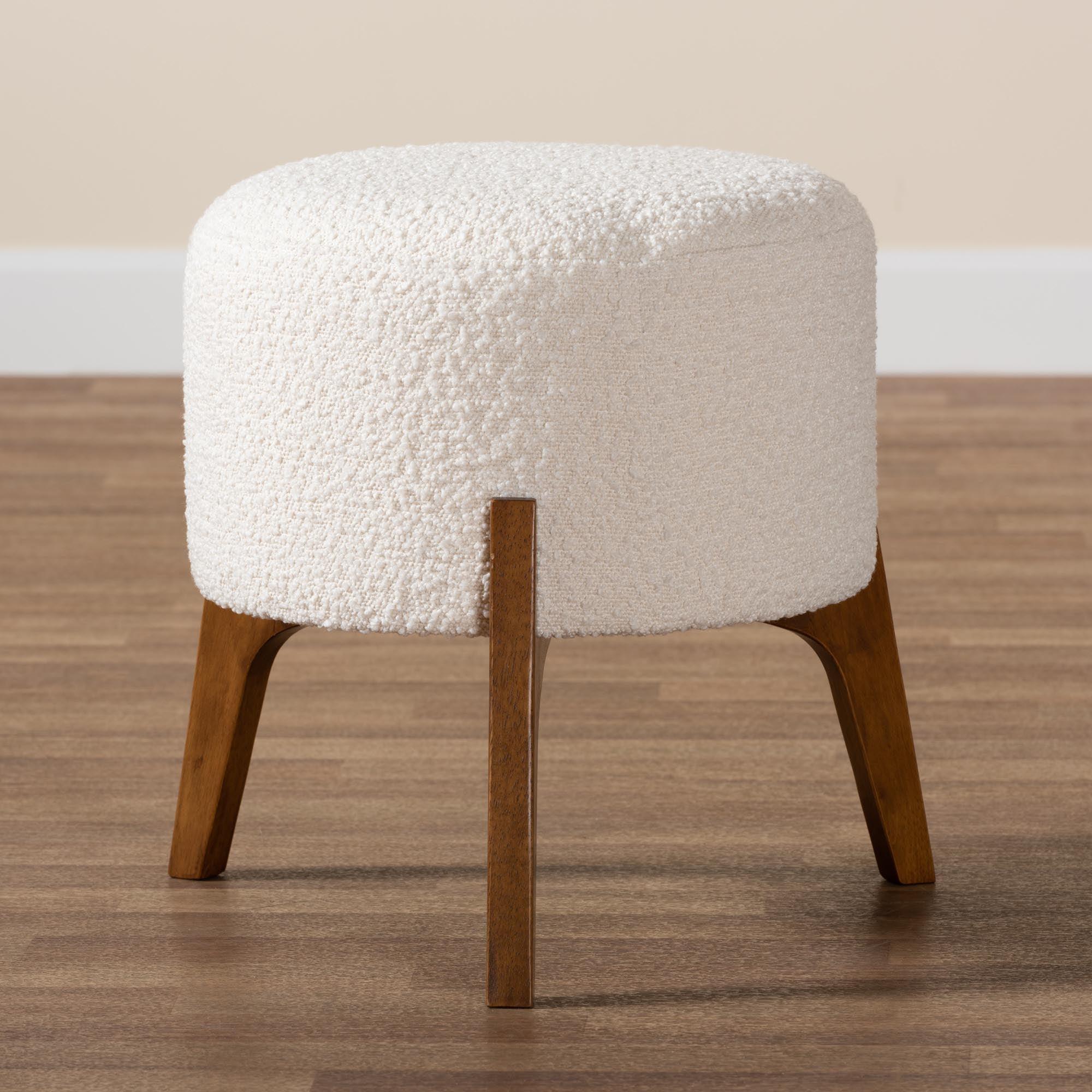 Elkie Japandi Cream Boucle Fabric and Finished Wood Ottoman Footstool