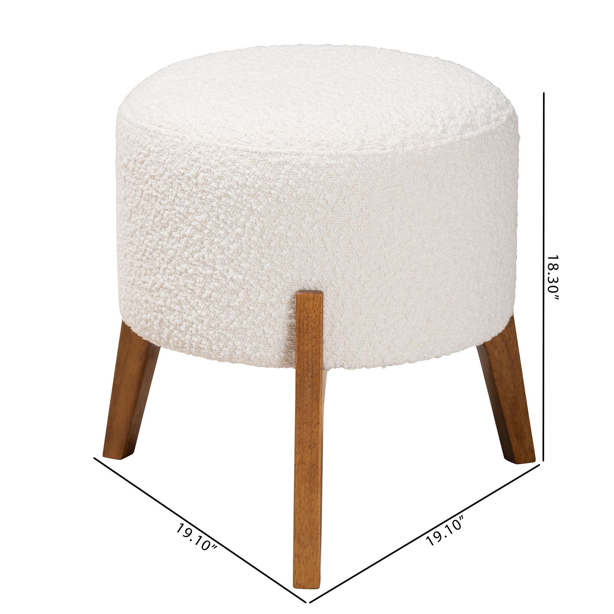 Elkie Japandi Cream Boucle Fabric and Finished Wood Ottoman Footstool