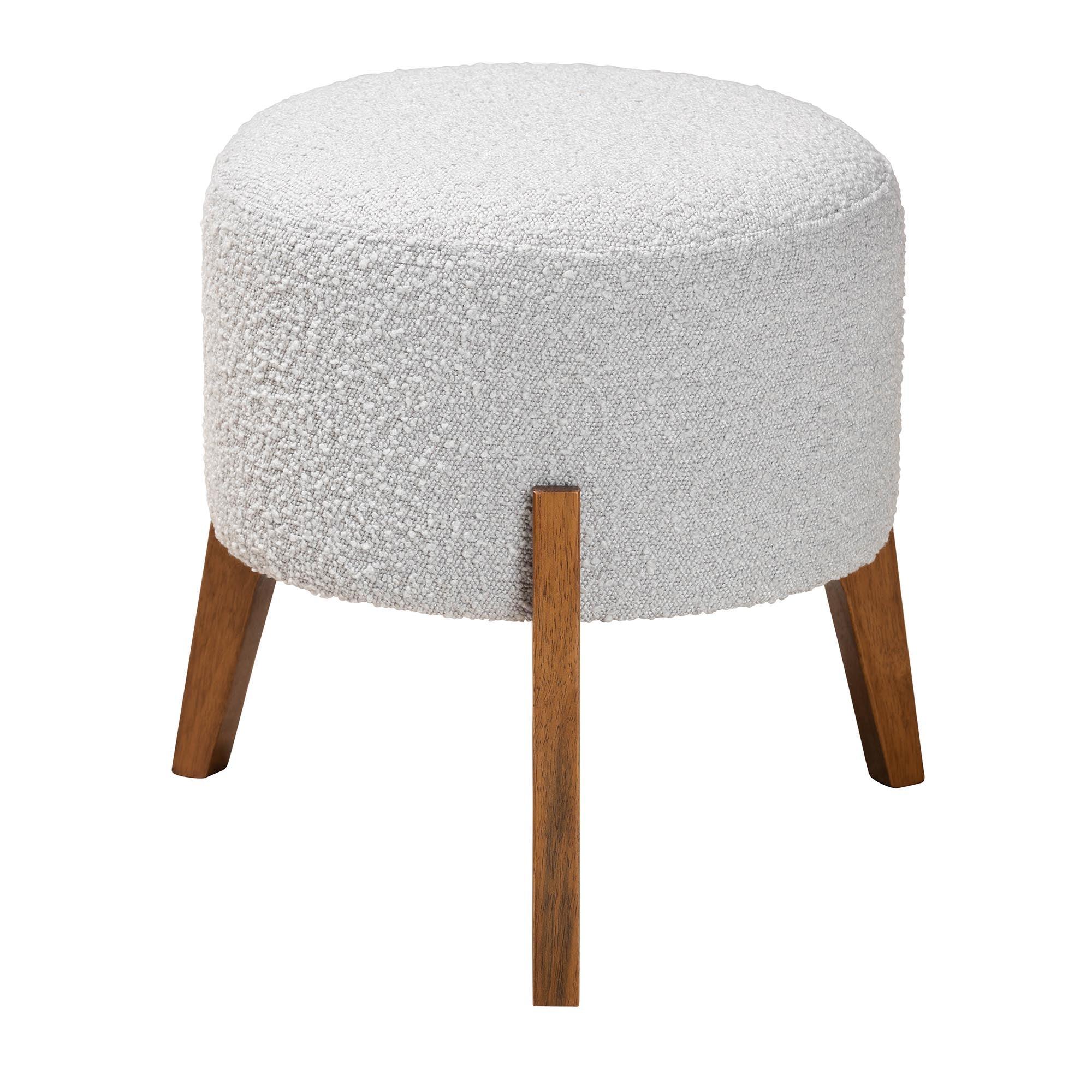 Elkie Japandi Light Boucle Fabric and Finished Wood Ottoman Footstool