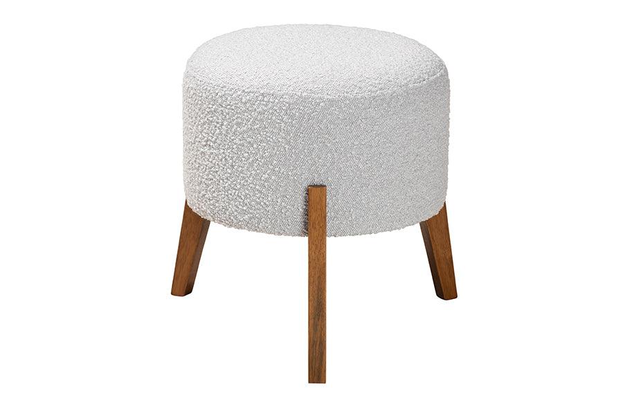 Elkie Japandi Light Boucle Fabric and Finished Wood Ottoman Footstool