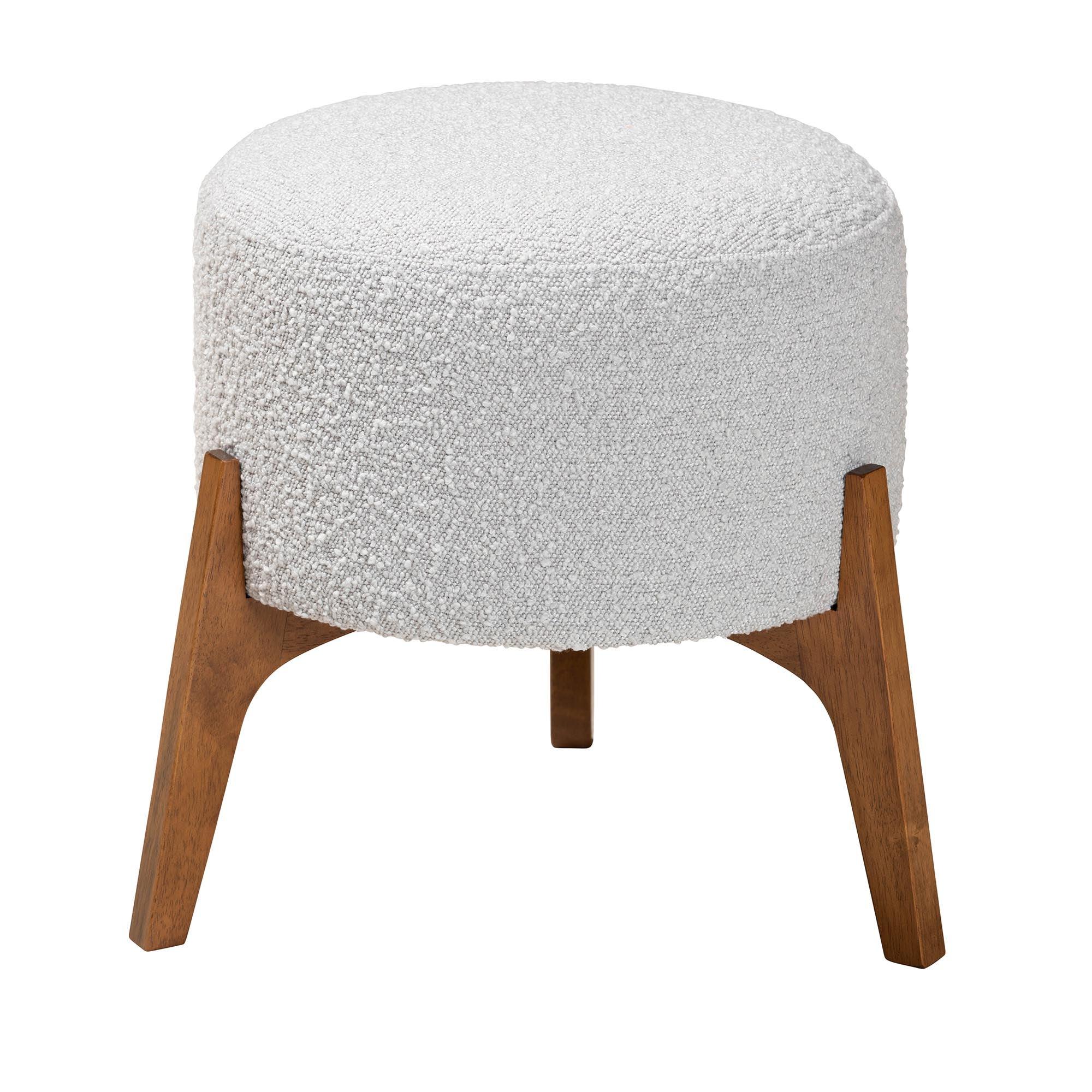 Elkie Japandi Light Boucle Fabric and Finished Wood Ottoman Footstool