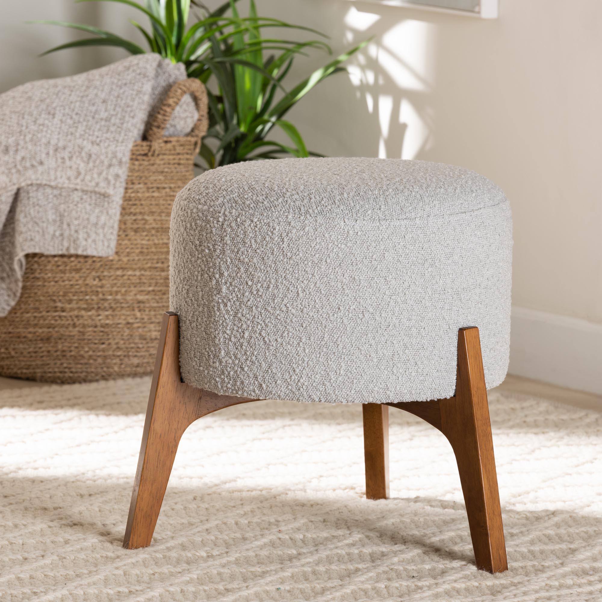 Elkie Japandi Light Boucle Fabric and Finished Wood Ottoman Footstool