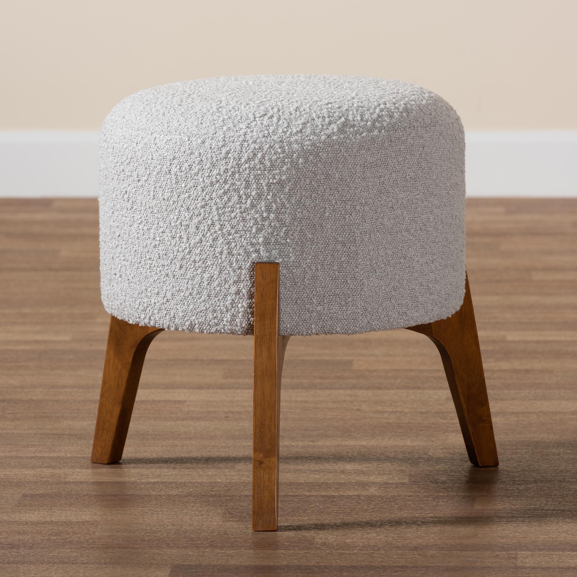 Elkie Japandi Light Boucle Fabric and Finished Wood Ottoman Footstool