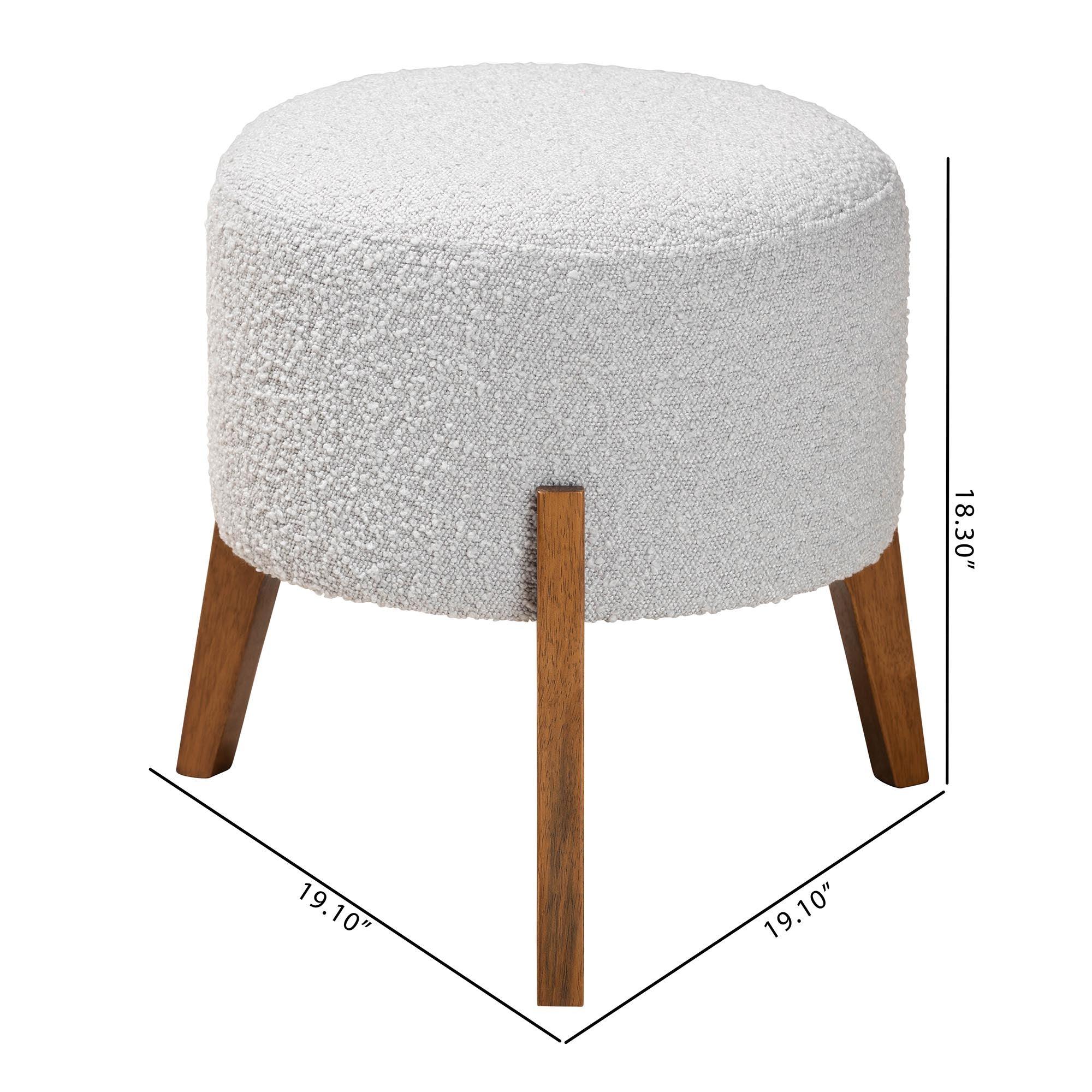 Elkie Japandi Light Boucle Fabric and Finished Wood Ottoman Footstool