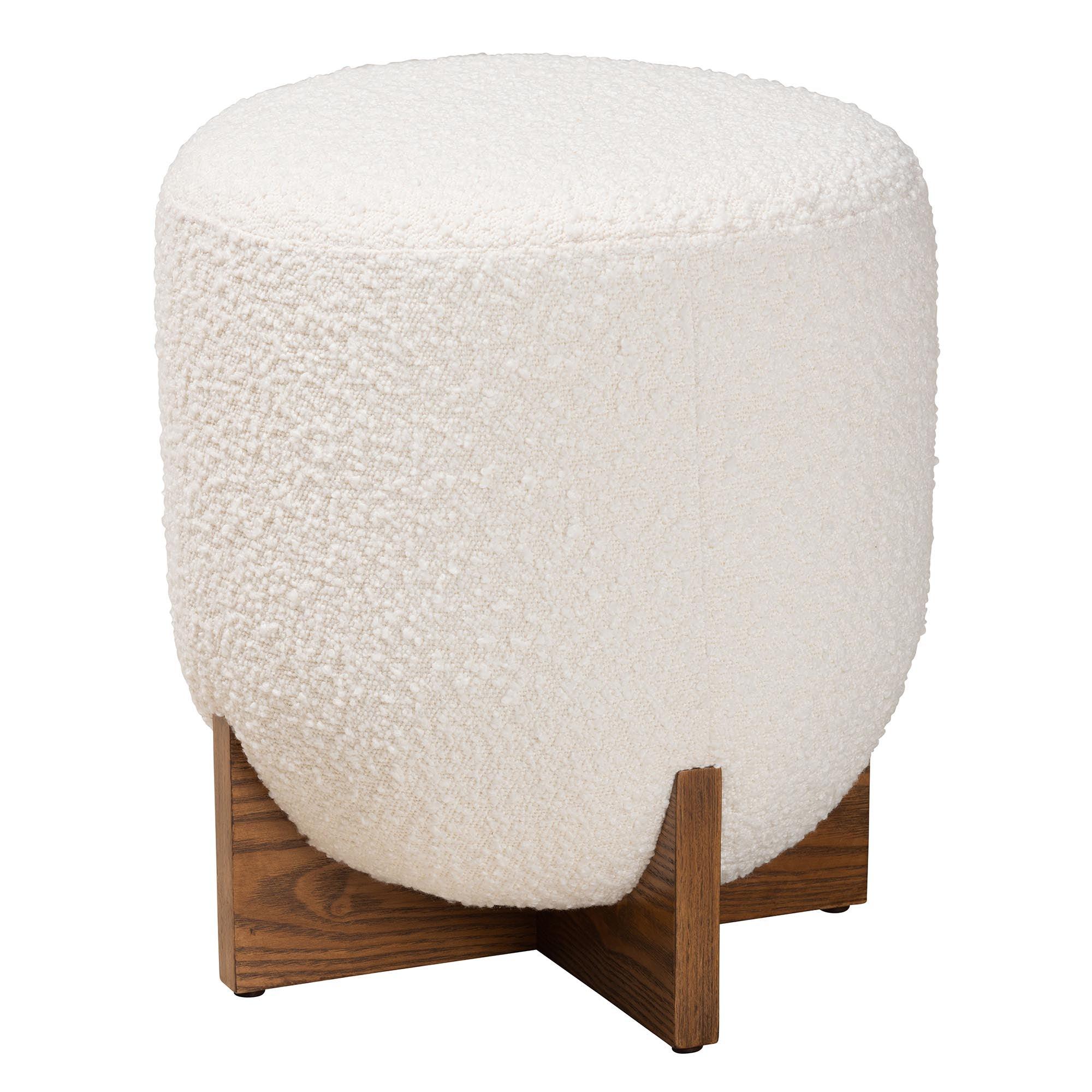 Fisk Japandi Cream Boucle Fabric and Finished Wood Ottoman Footstool