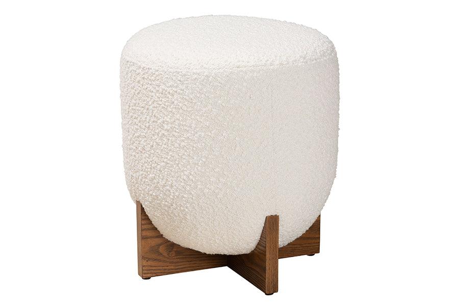 Fisk Japandi Cream Boucle Fabric and Finished Wood Ottoman Footstool