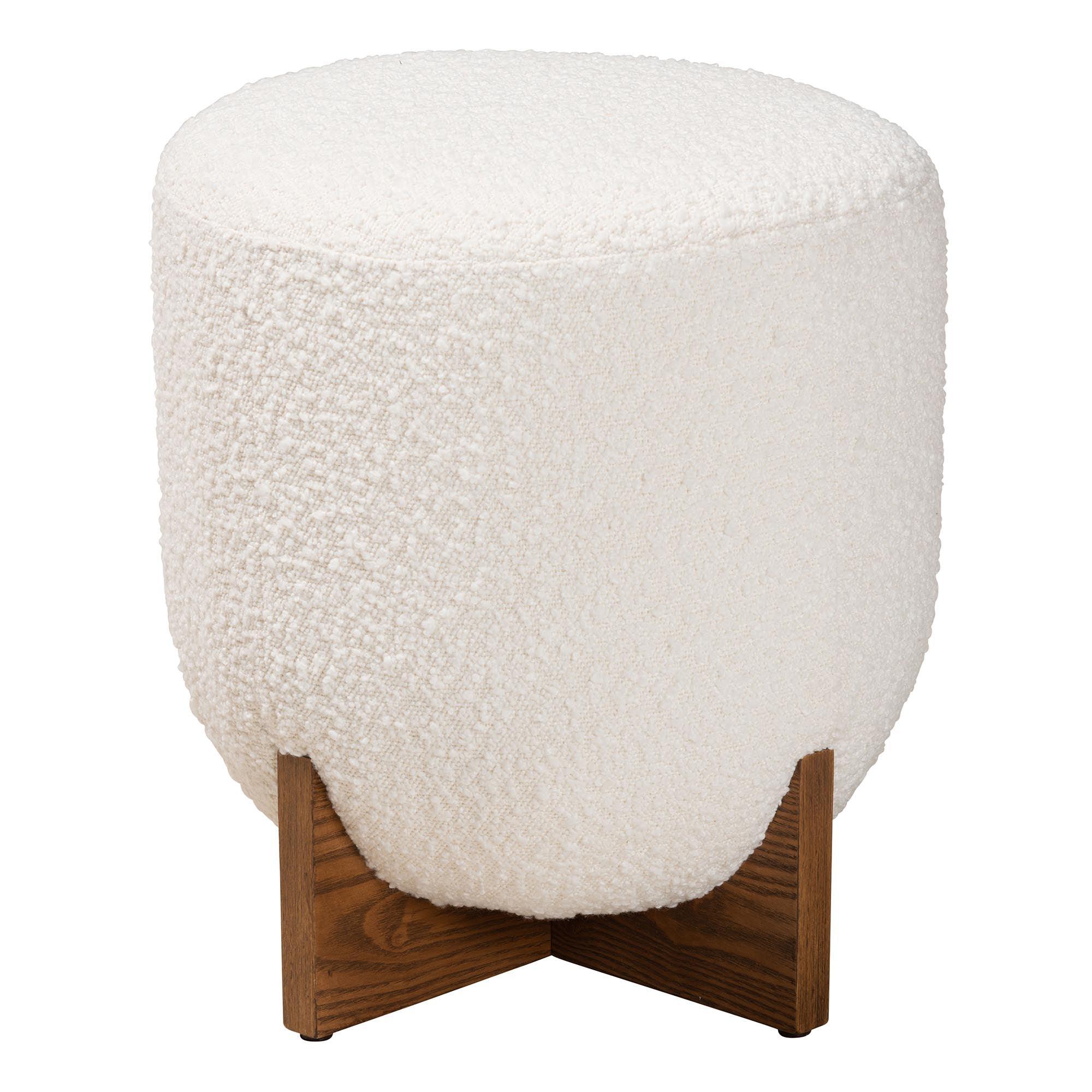 Fisk Japandi Cream Boucle Fabric and Finished Wood Ottoman Footstool