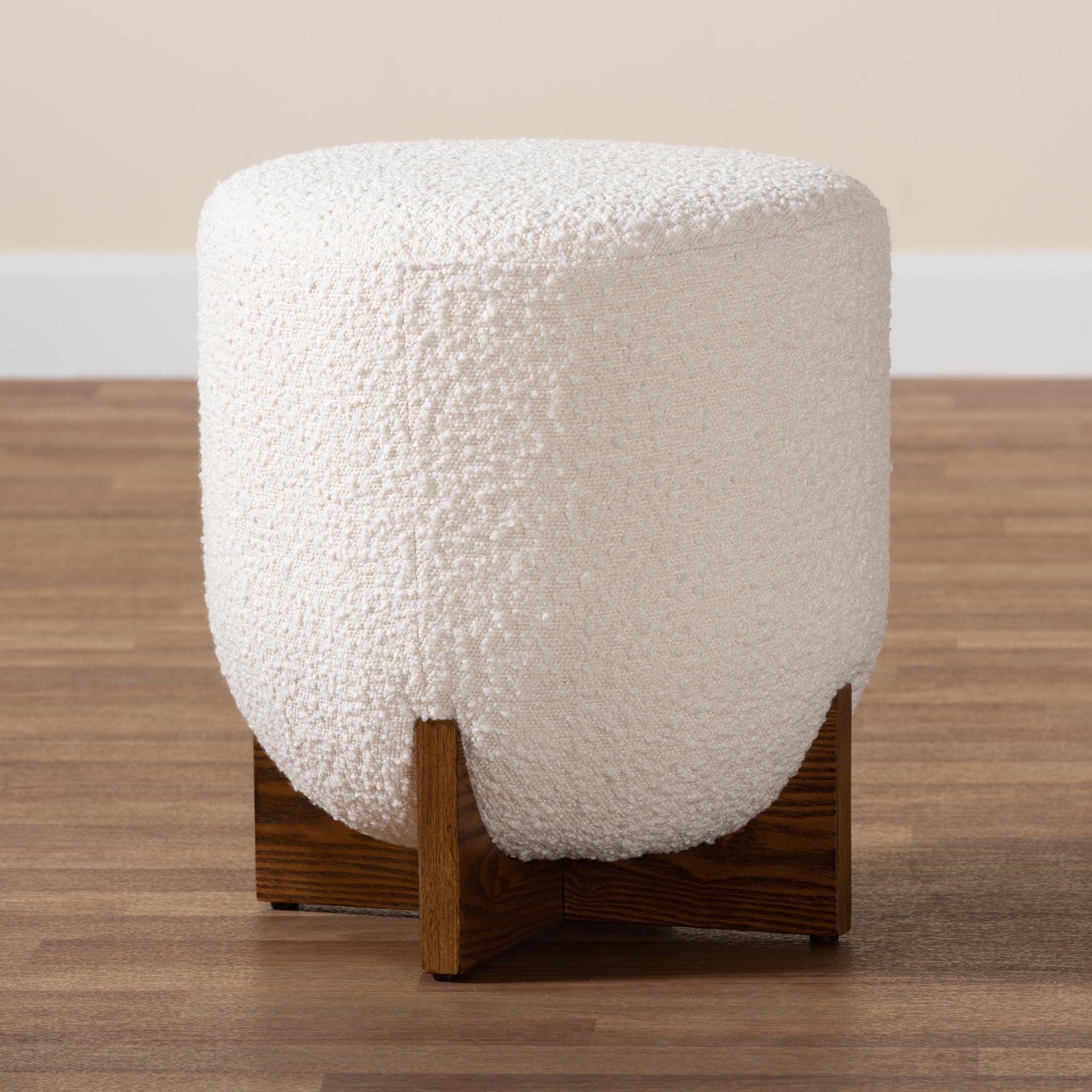 Fisk Japandi Cream Boucle Fabric and Finished Wood Ottoman Footstool