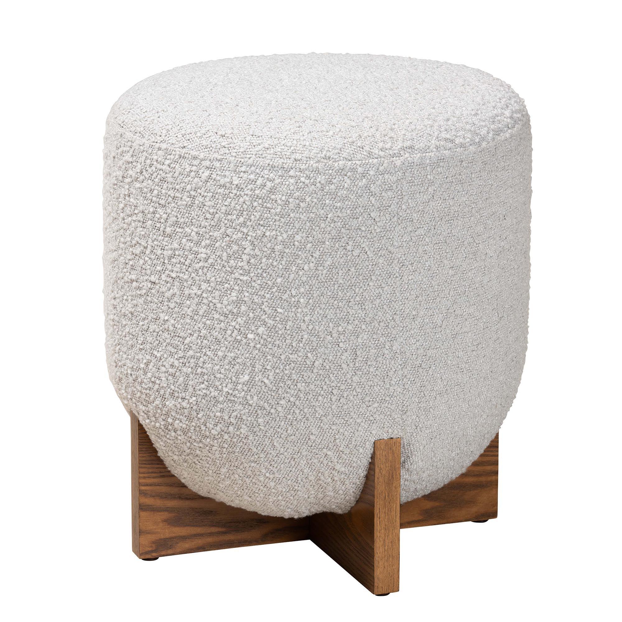 Fisk Japandi Light Boucle Fabric and Finished Wood Ottoman Footstool