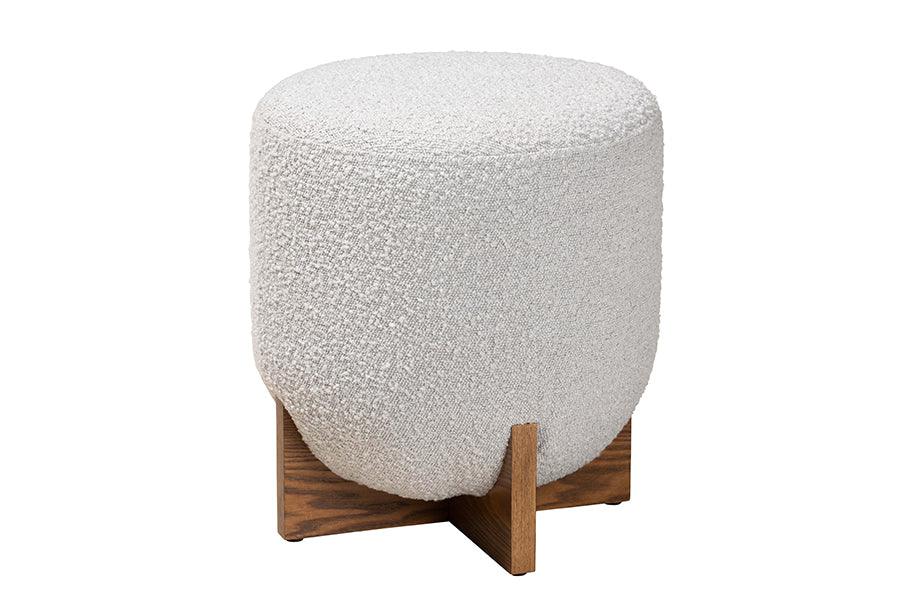 Fisk Japandi Light Boucle Fabric and Finished Wood Ottoman Footstool