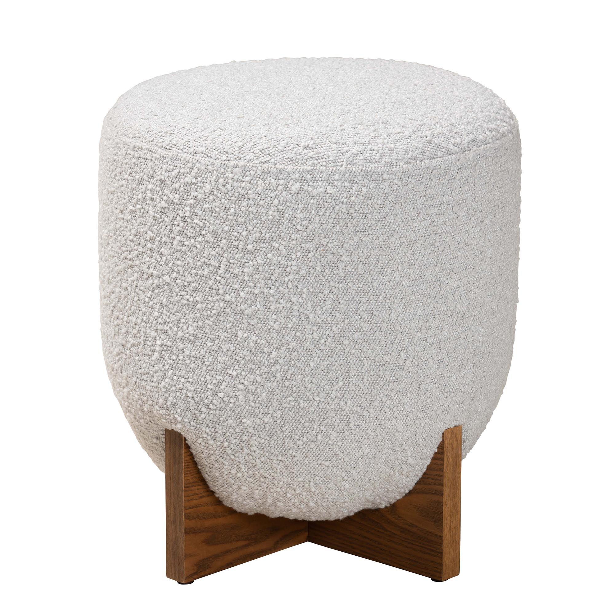 Fisk Japandi Light Boucle Fabric and Finished Wood Ottoman Footstool