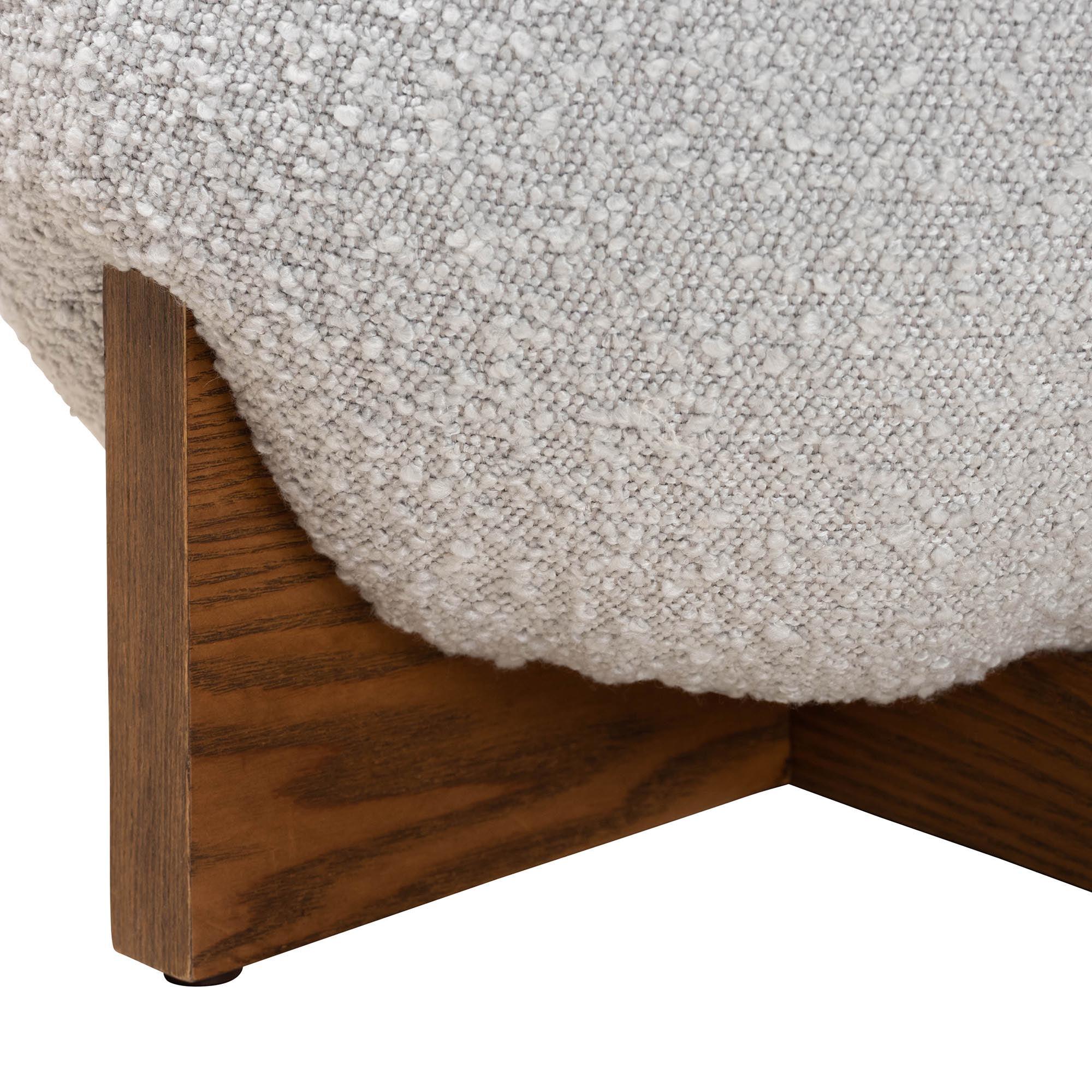 Fisk Japandi Light Boucle Fabric and Finished Wood Ottoman Footstool