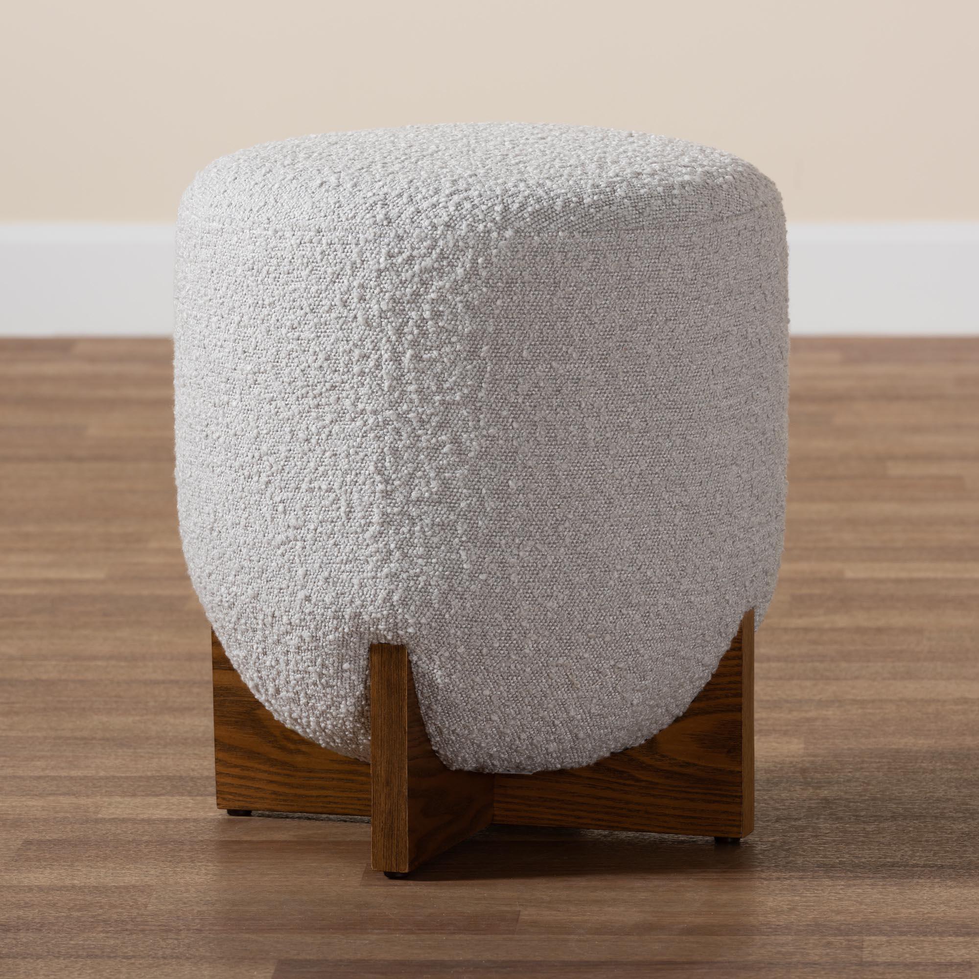 Fisk Japandi Light Boucle Fabric and Finished Wood Ottoman Footstool