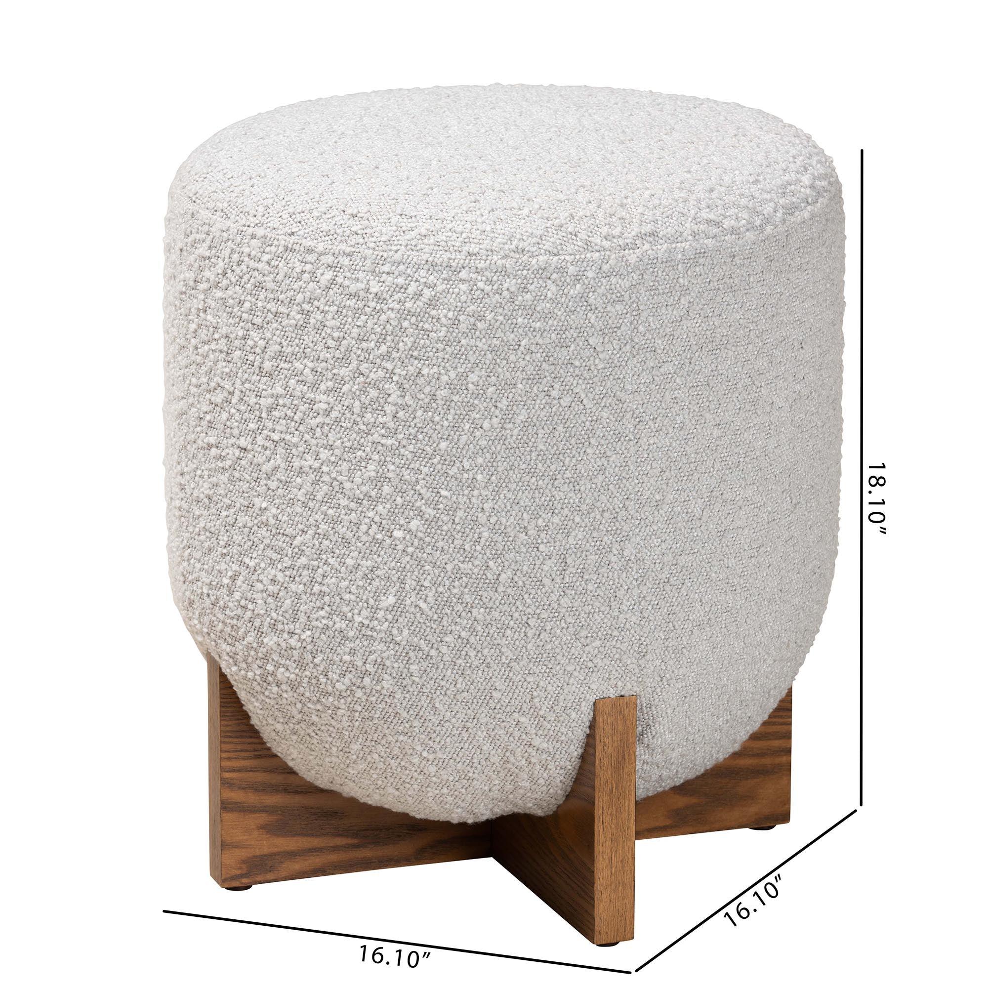 Fisk Japandi Light Boucle Fabric and Finished Wood Ottoman Footstool