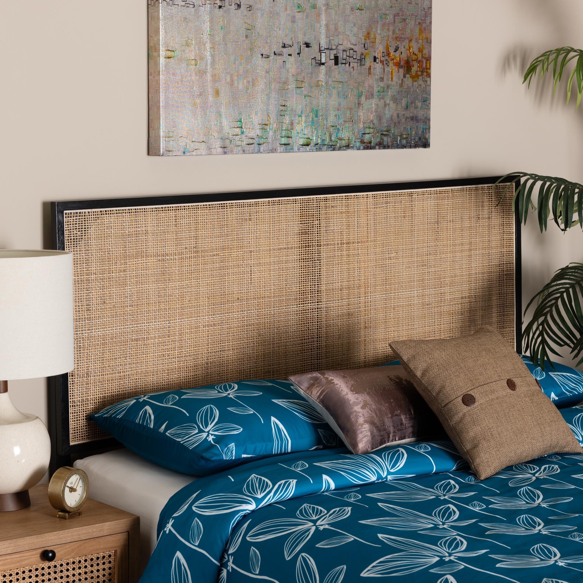 bali & pari Aurelia Modern Bohemian Finished Bayur Wood and Rattan Headboard