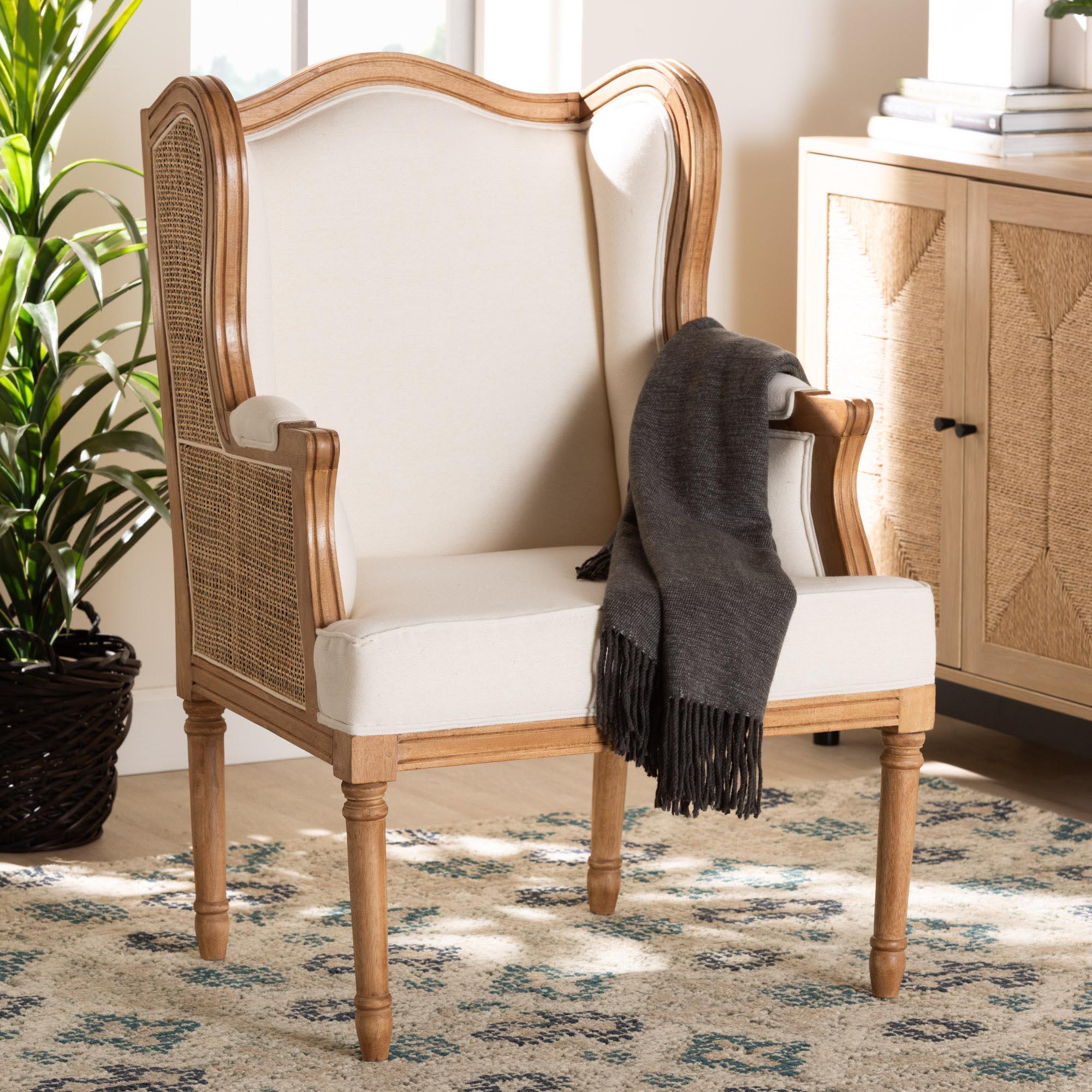 bali & pari Rachana Traditional French Fabric and Honey Finished Wood Accent Chair