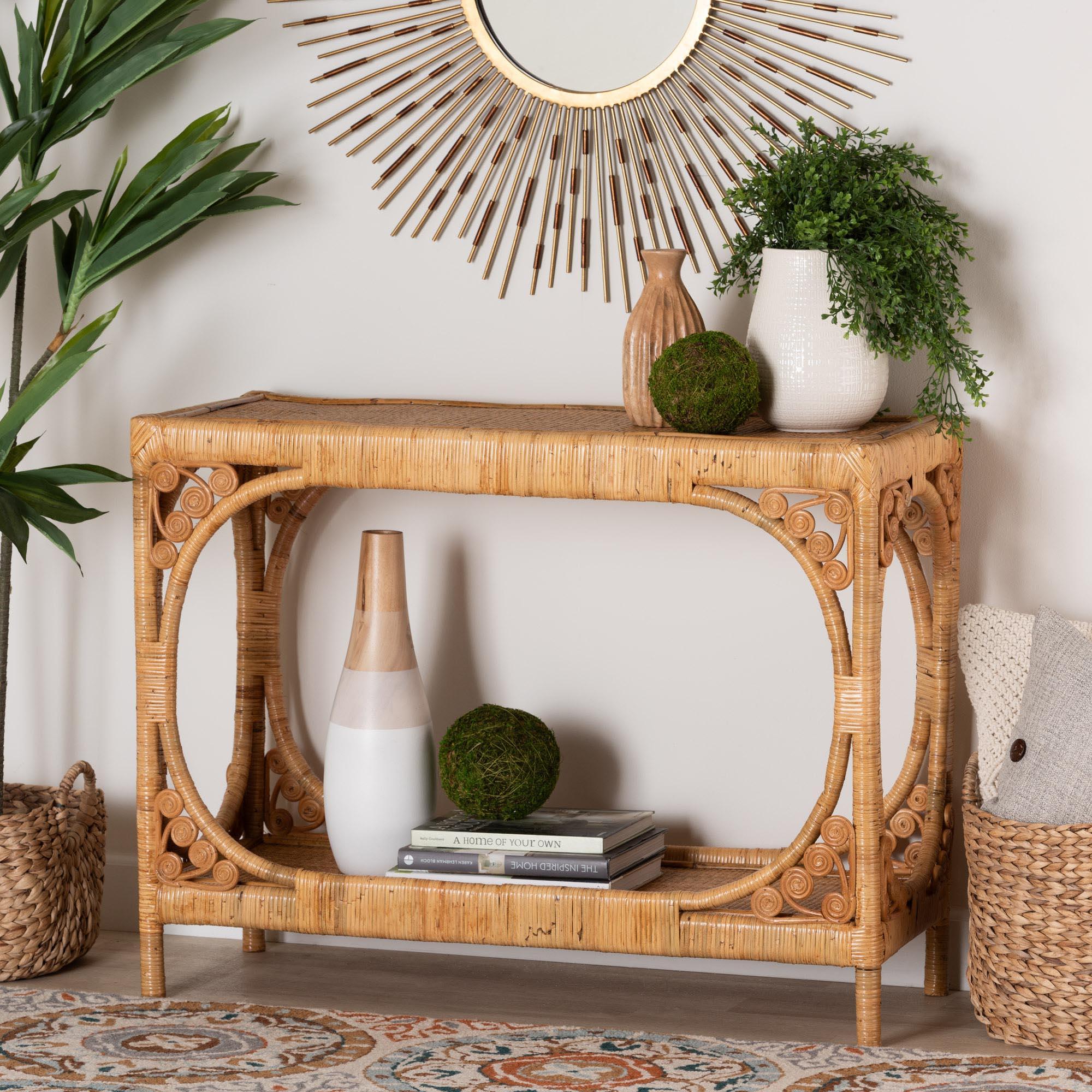 bali & pari Ramona Modern Bohemian Light Honey Rattan Console Table